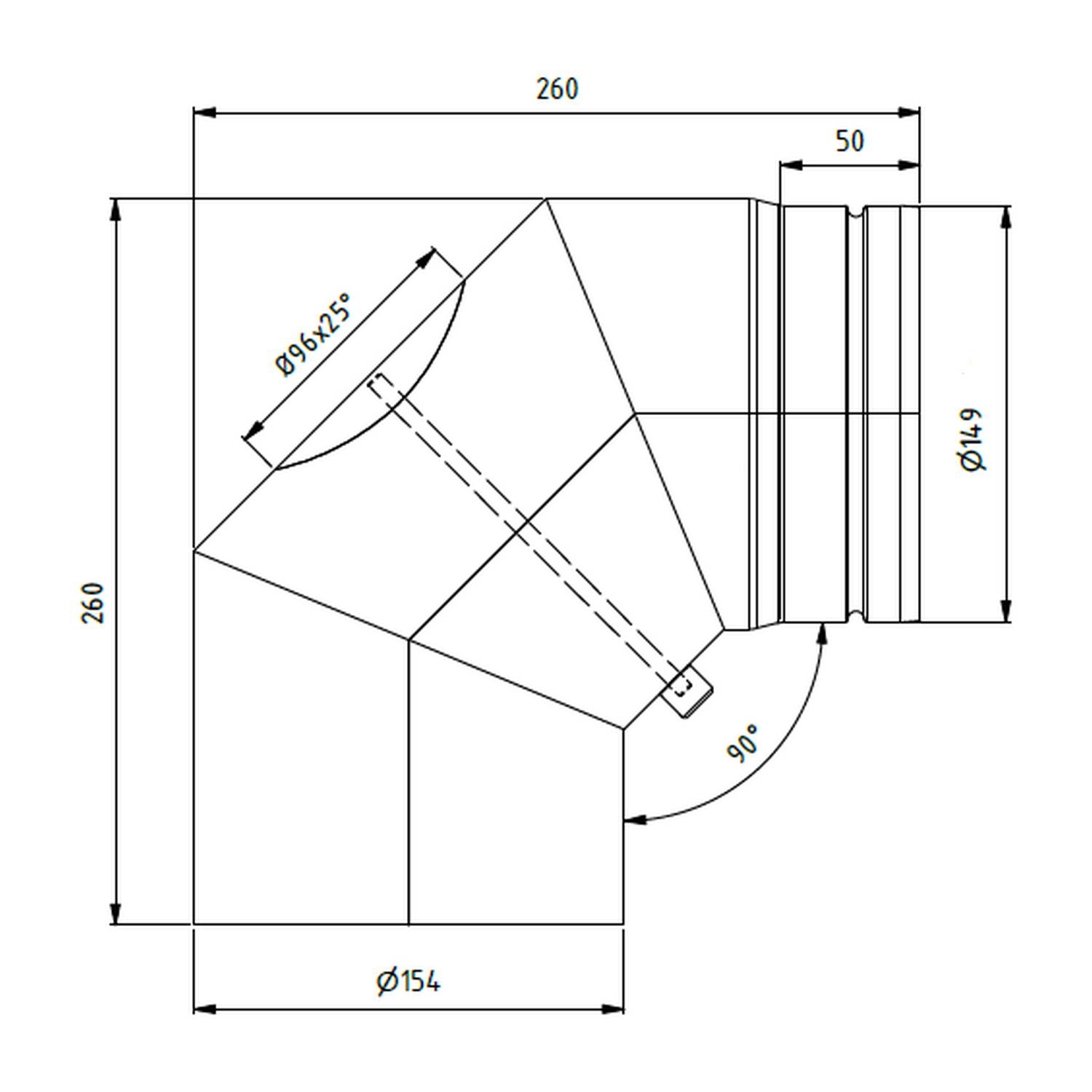 Raik Lifestyle Coude diamètre 150/90° 2,00mm rétreint 3 pièces avec porte intégrée avec joint noir pour tuyau de fumée/ conduit de fumée