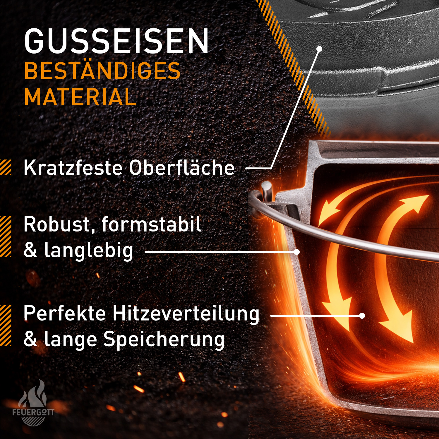 FEUERGOTT Dutch Oven 6,5 l im Set mit Transporttasche, Deckelheber und Ringreiniger