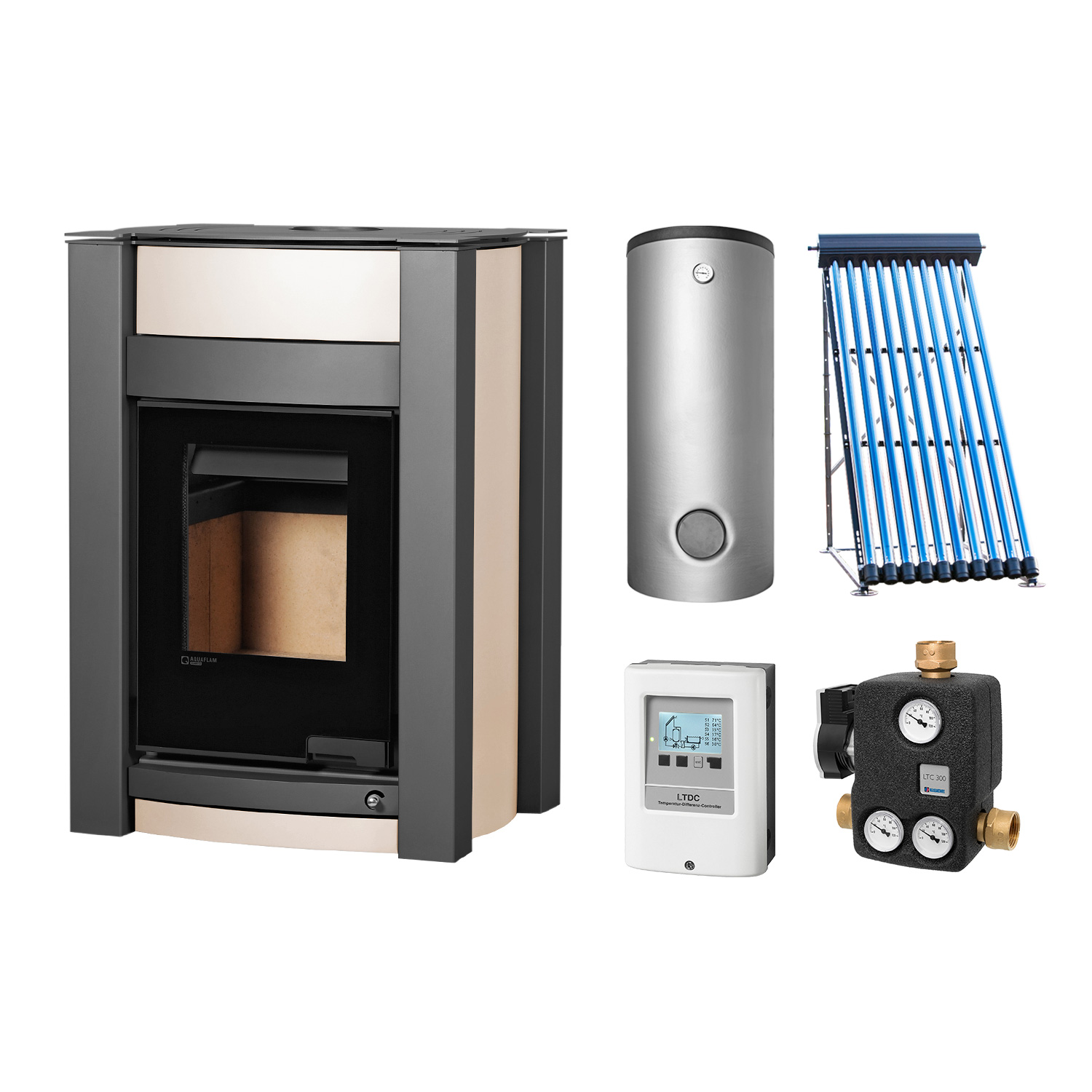 Aquaflam Vario Kalmar Basic Creme Set + Solarthermie-Set 2 (11 m²) + Kombispeicher THKE 600 + SWT