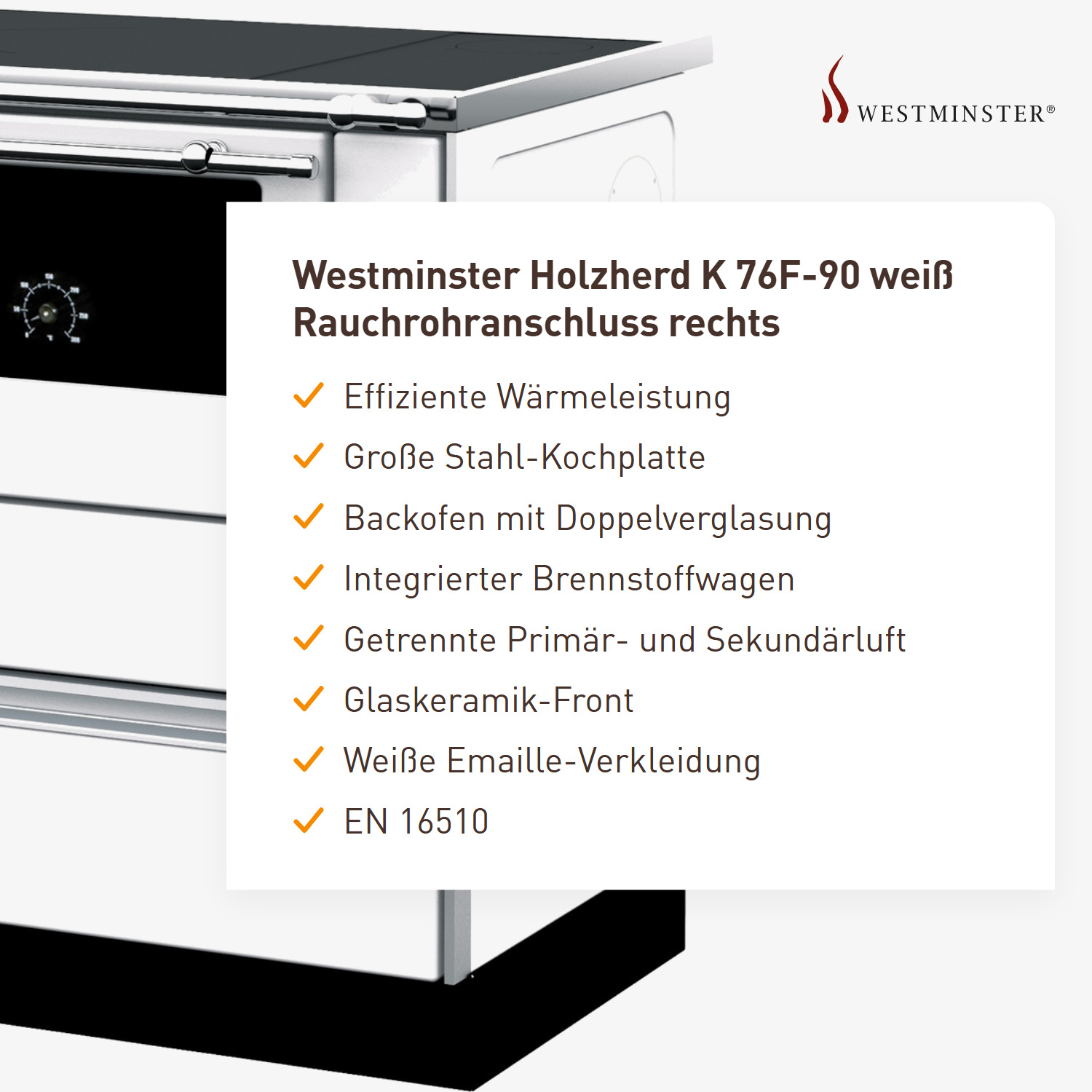 Westminster Holzherd K 76F-90 weiß Rauchrohranschlussrechts