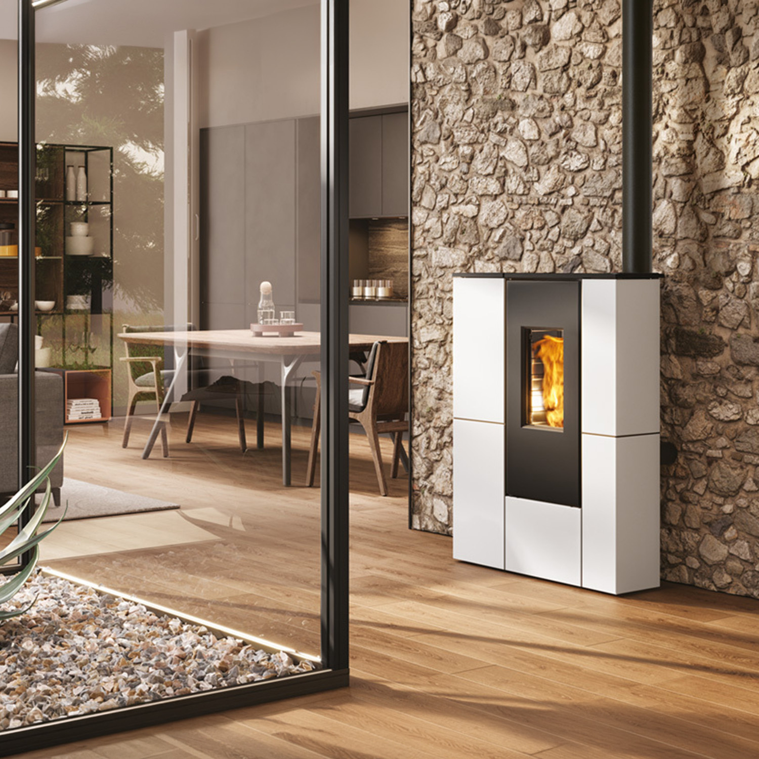 Edilkamin Tratto 9+ Poêle à granulés sortie fumées haute habillage acier blanc