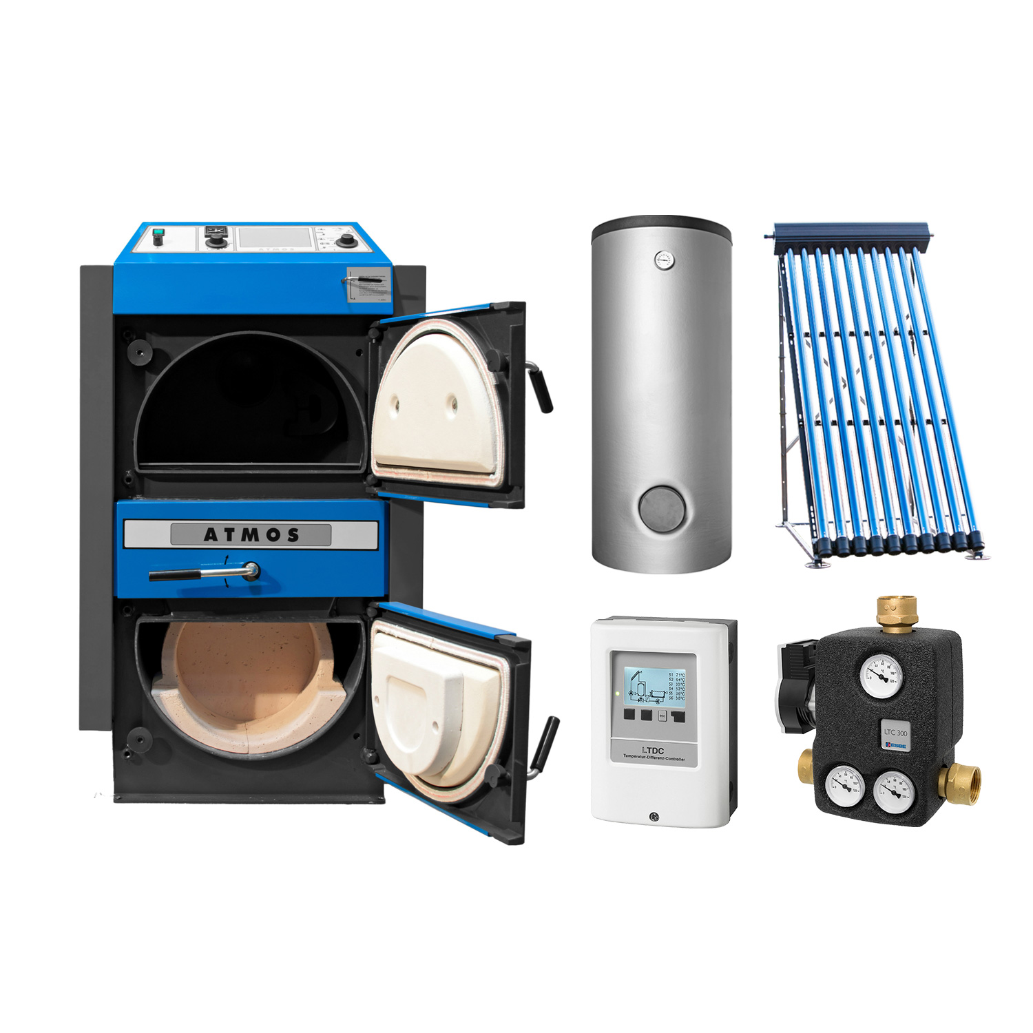 ATMOS KC 35 S Set + Solarthermie-Set 2 (11 m²) + Pufferspeicher 1000 L + Hygienespeicher 900 L + SWT