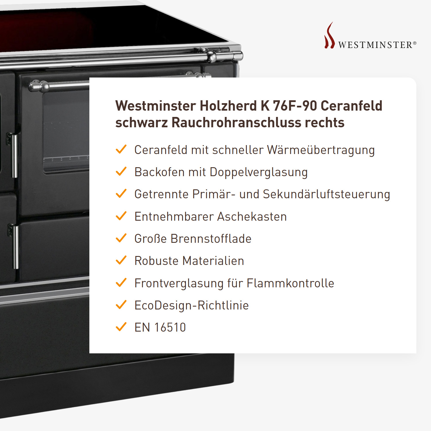 Westminster Holzherd K 76F-90 Ceranfeld schwarz Rauchrohranschluss rechts