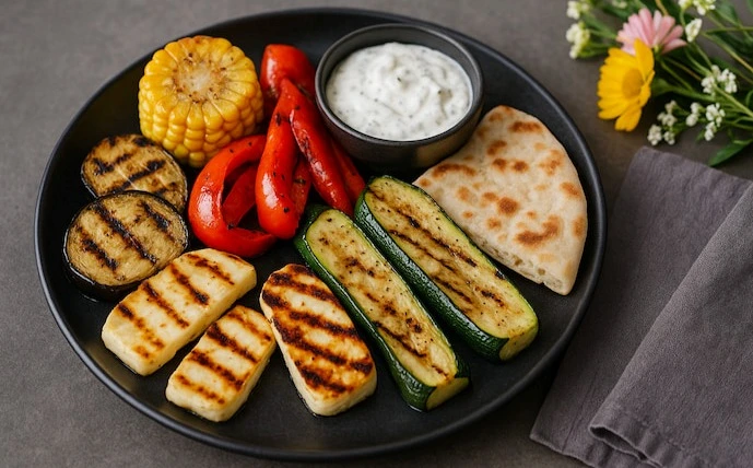 Gegrilltes Gemüse mit Dip und Fladenbrot auf einem Teller angerichtet