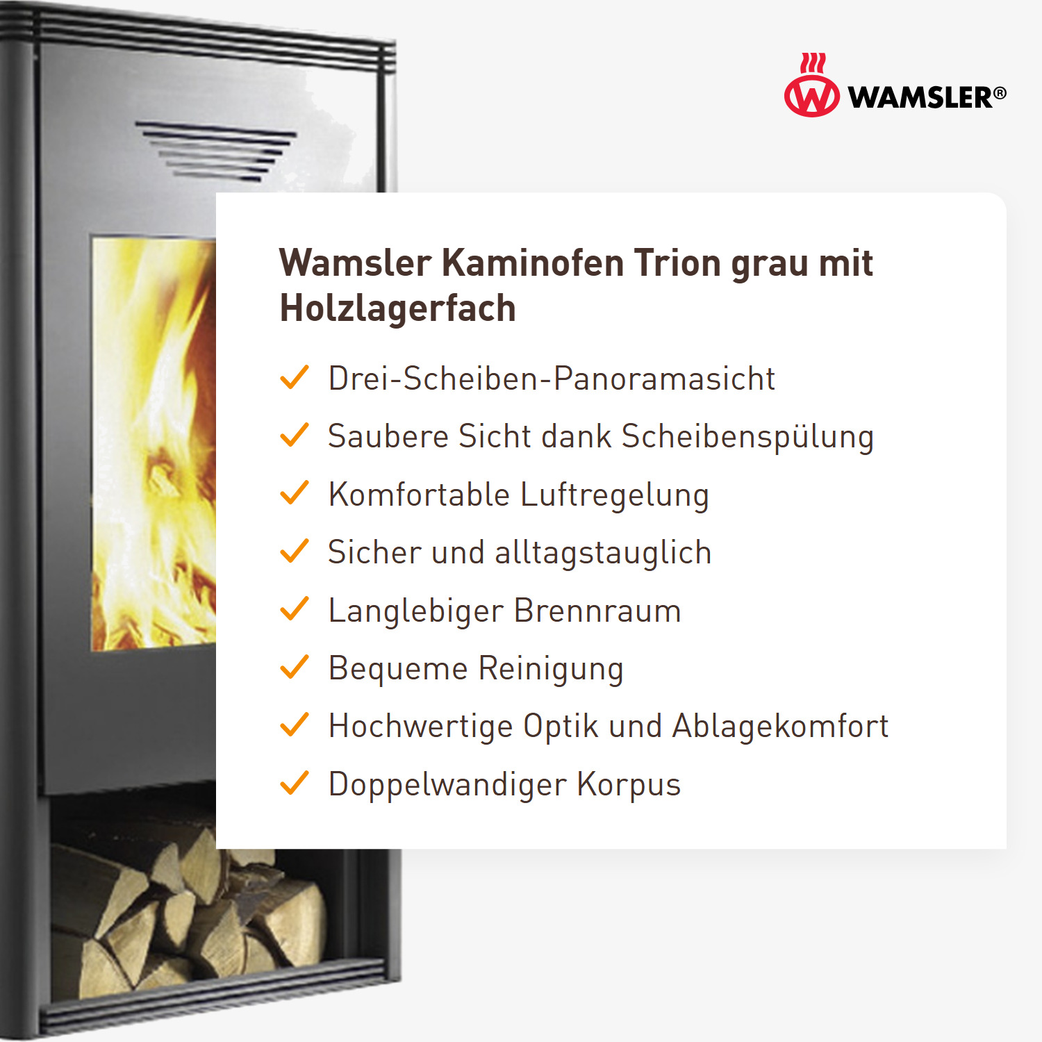 Wamsler Kaminofen Trion grau mit Holzlagerfach