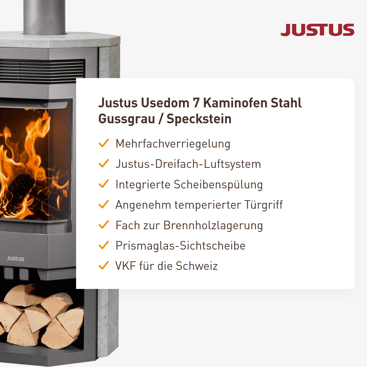 Justus Usedom 7 Kaminofen Stahl Gussgrau / Speckstein