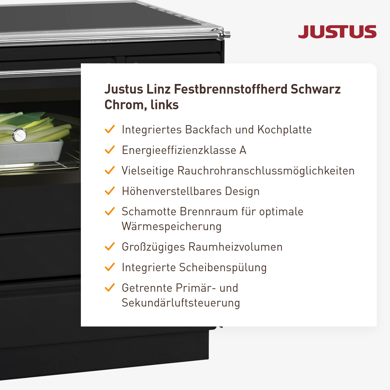 Justus Linz Festbrennstoffherd Schwarz Chrom, links
