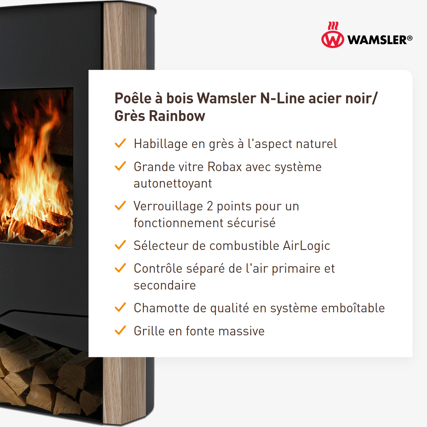 Wamsler N-Line Poêle à bois acier noir/ grès Rainbow