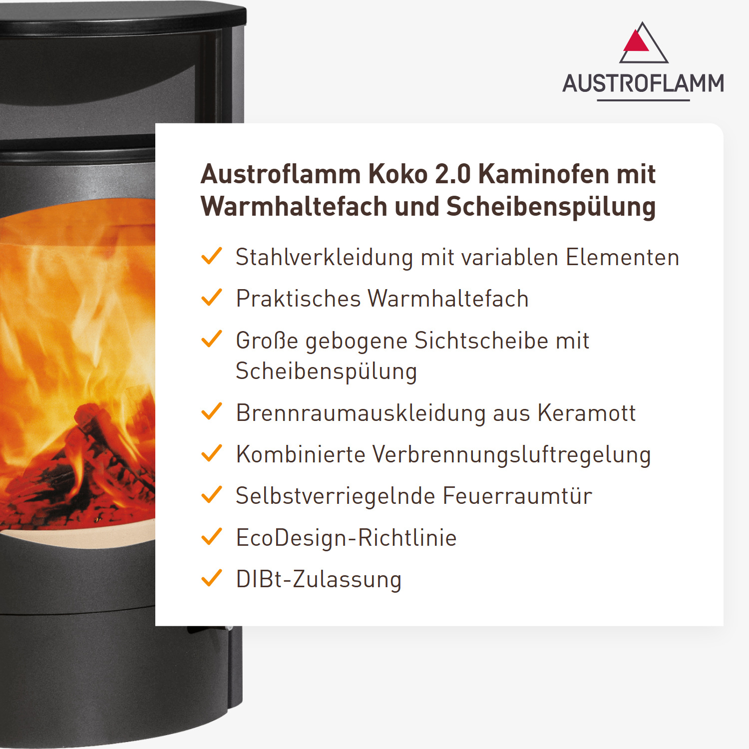 Austroflamm Koko 2.0 Kaminofen Stahl Gussgrau, Warmhaltefach Keramik Schwarz matt, Topplatte Keramik Schwarz matt, RRA hinten