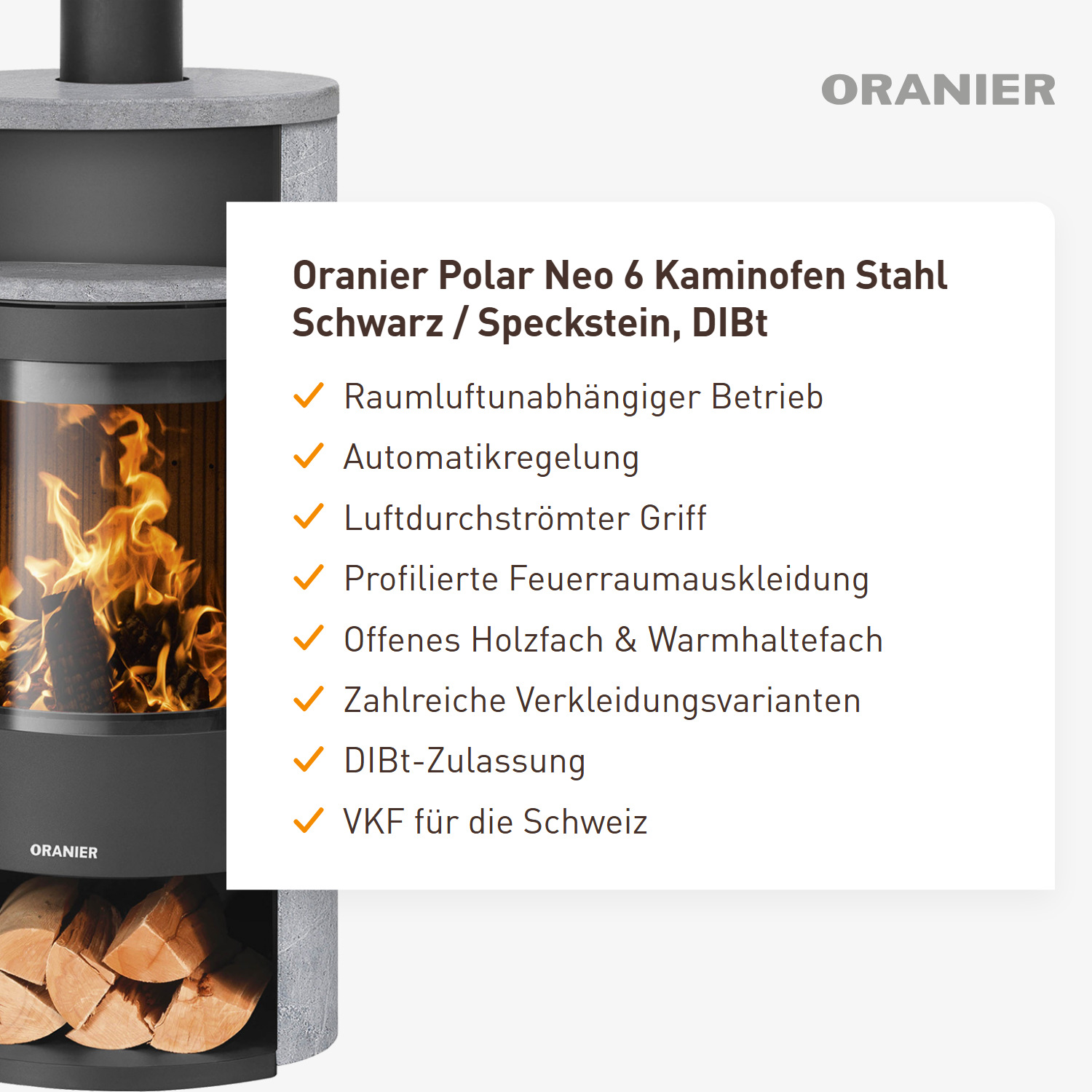Oranier Polar Neo 6 Kaminofen Stahl Schwarz / Speckstein, DIBt