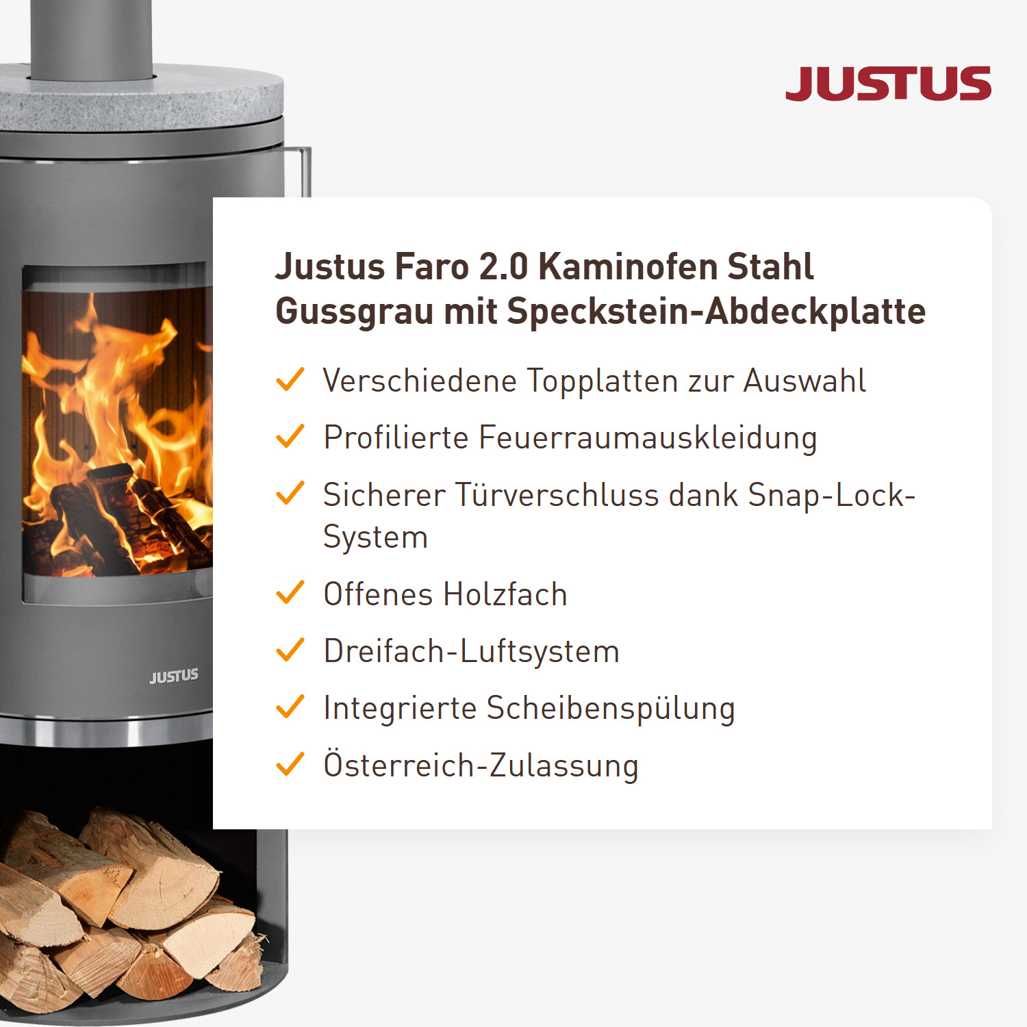 Justus Faro 2.0 Kaminofen Stahl Gussgrau mit Speckstein-Abdeckplatte