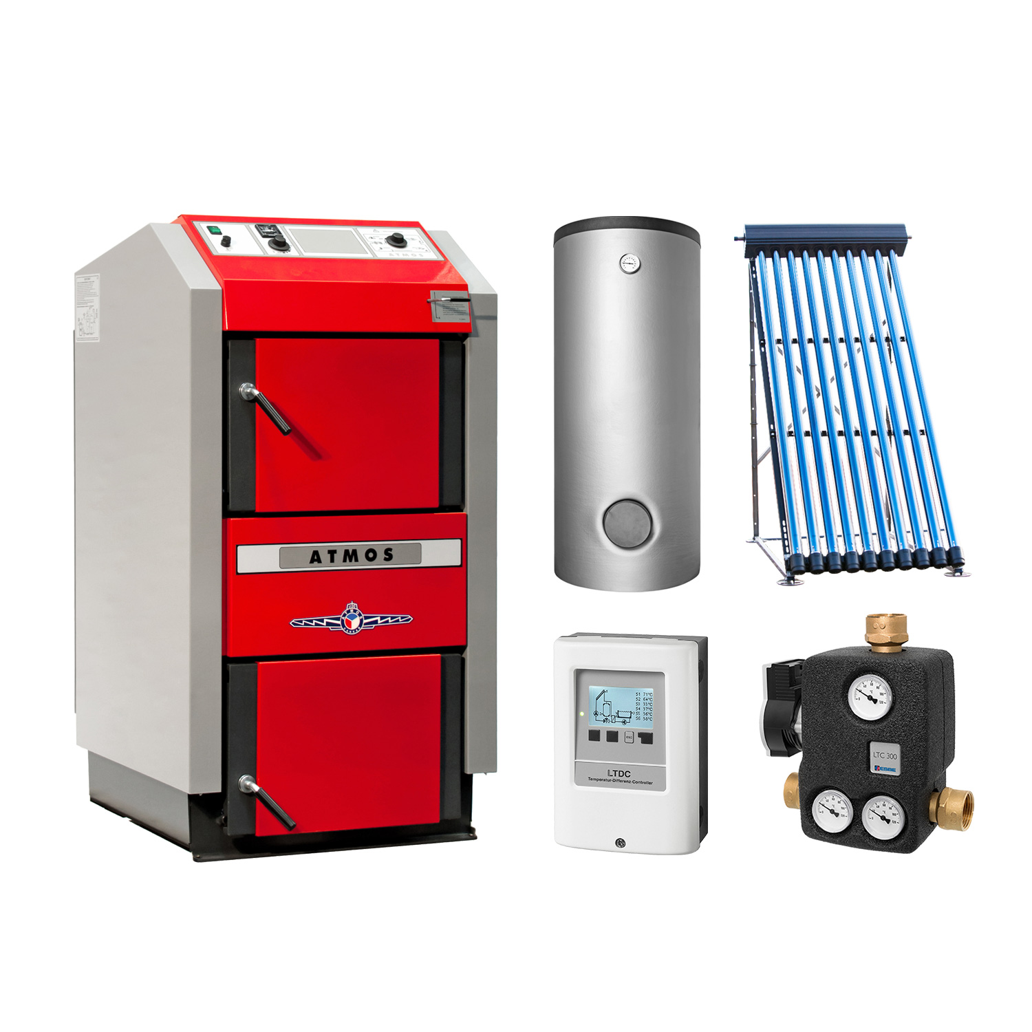 ATMOS GS40 Set + Solarthermie-Set 2 (11 m²) + 2 Pufferspeicher 825 L + Hygienespeicher 750 L + SWT