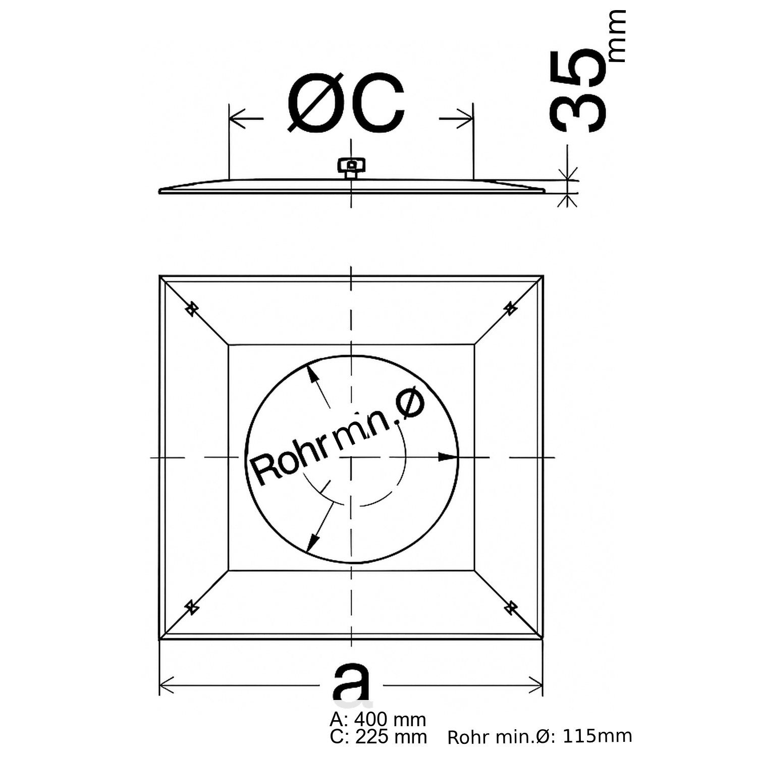 Schiedel Schachtabdeckung 400x400mm für Ø130 mm bis Ø160 mm glänzend