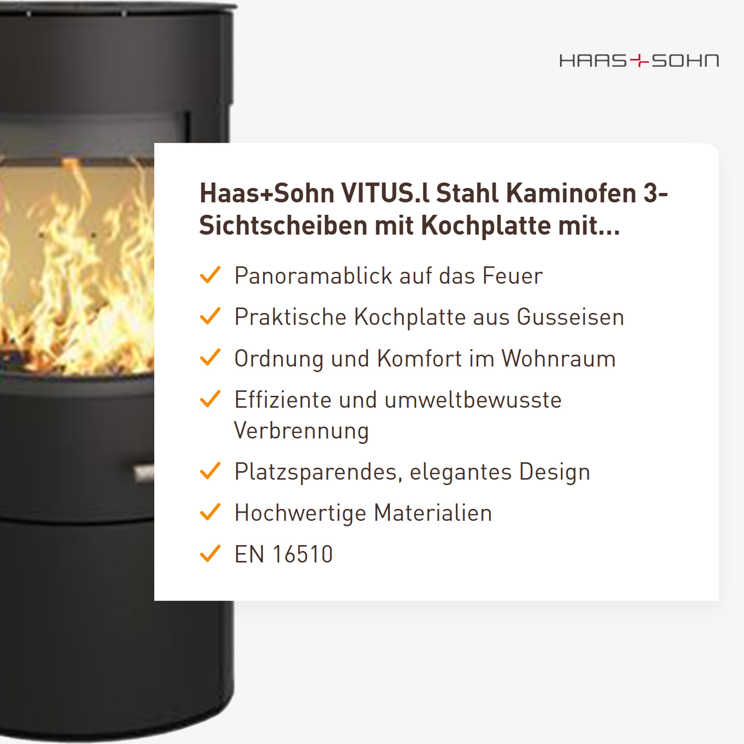 Haas+Sohn VITUS.l Stahl Kaminofen 3-Sichtscheiben mit Kochplatte mit Holzfach und Türe tief-schwarz