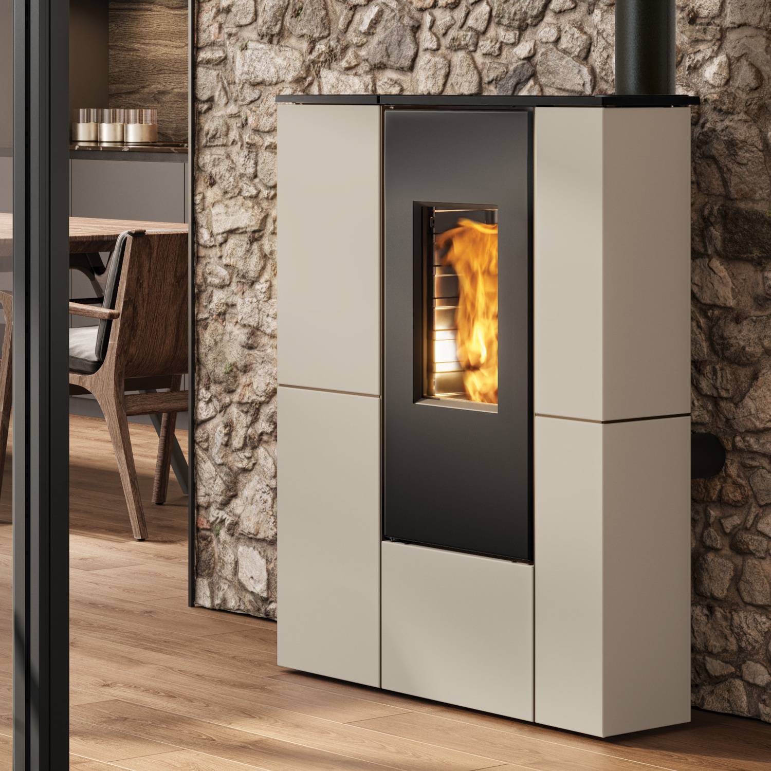 Edilkamin Tratto 9+ Poêle à granulés coaxial habillage acier beige sable
