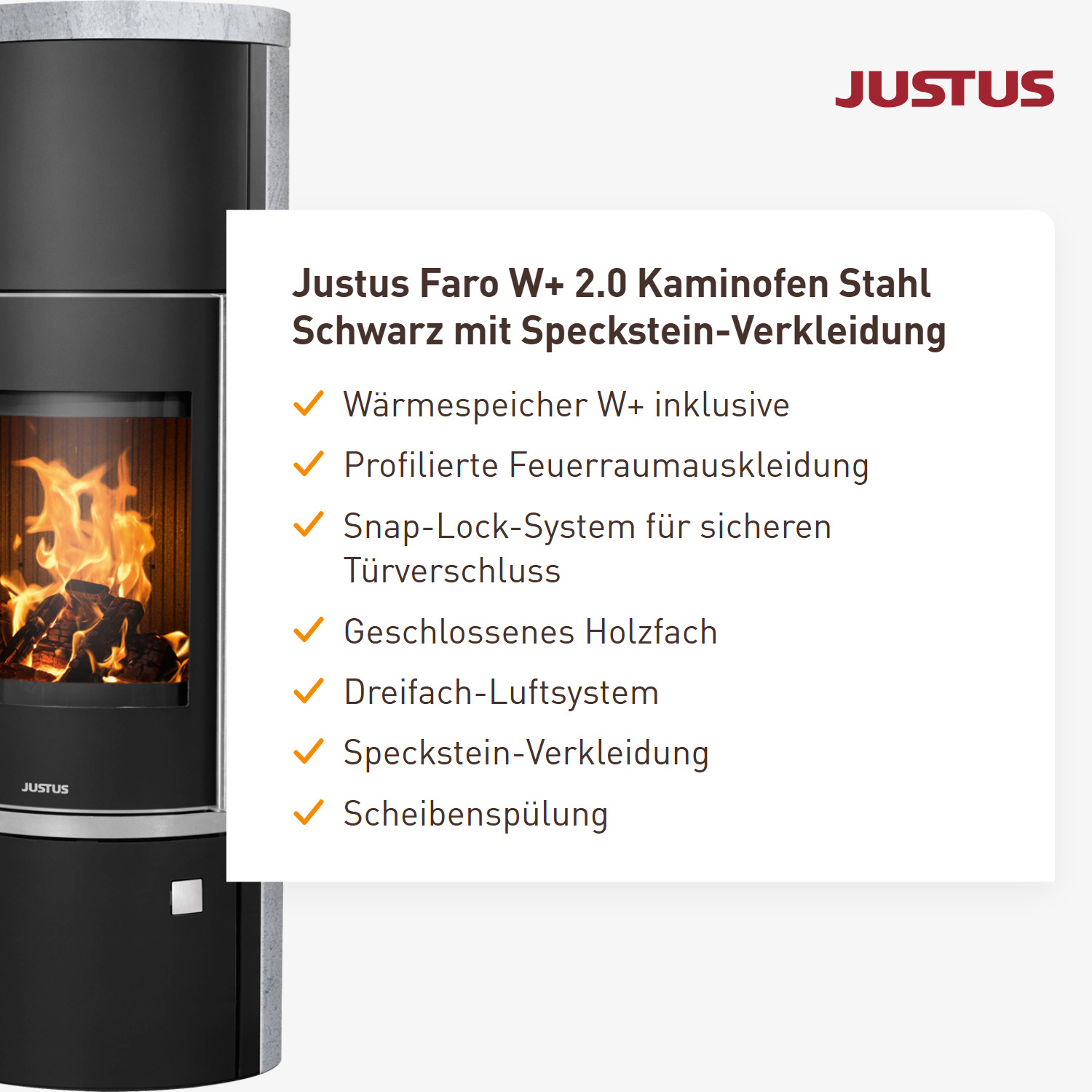 Justus Faro W+ 2.0 Kaminofen Stahl Schwarz mit Speckstein-Verkleidung