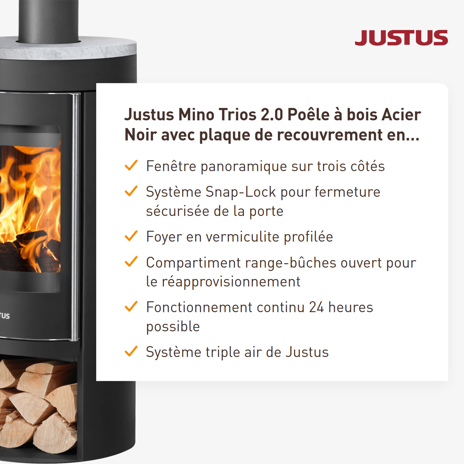Justus Mino Trios 2.0 Poêle à bois en acier noir avec plaque de recouvrement en stéatite.