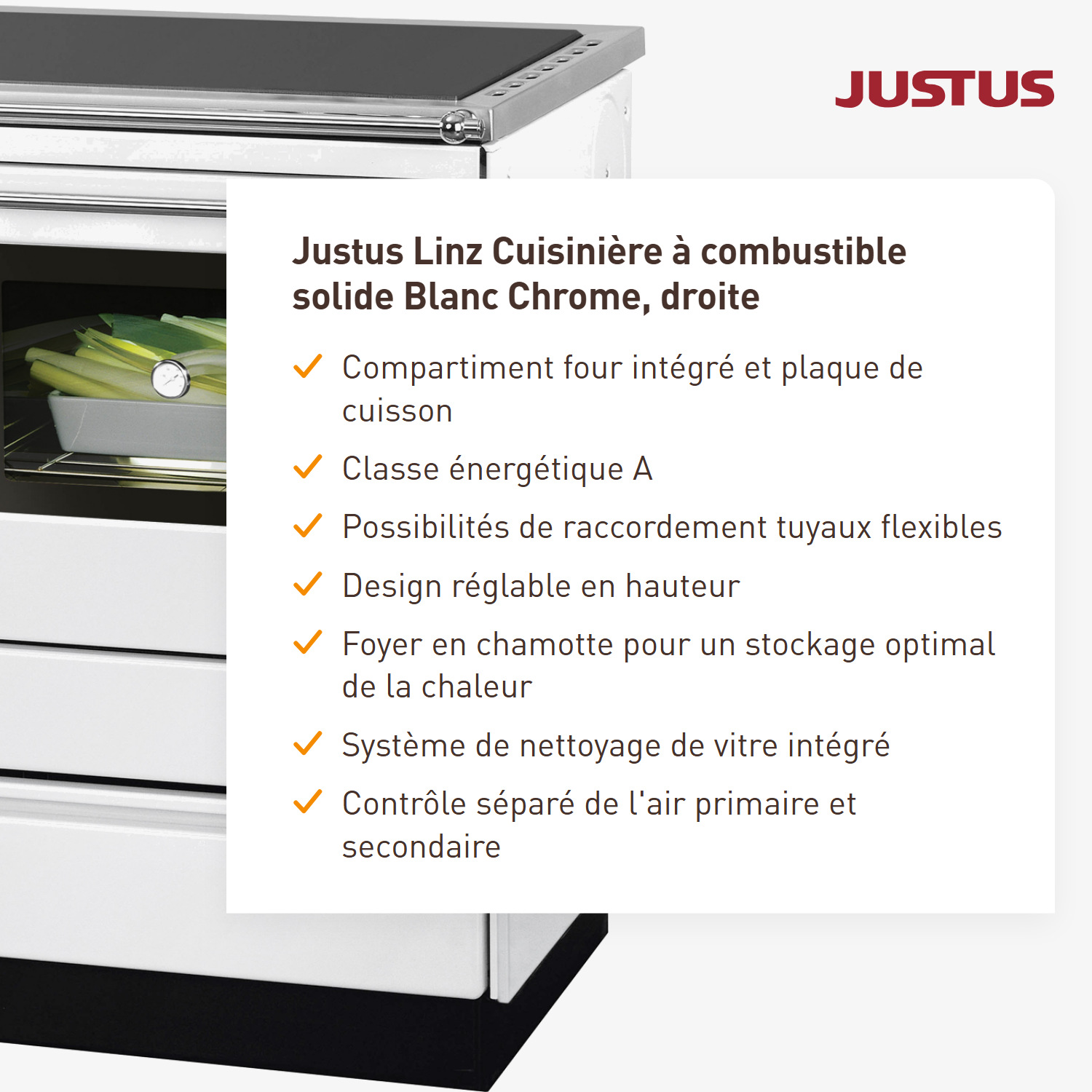 Justus Linz cuisinière à bois blanc chromé, droite