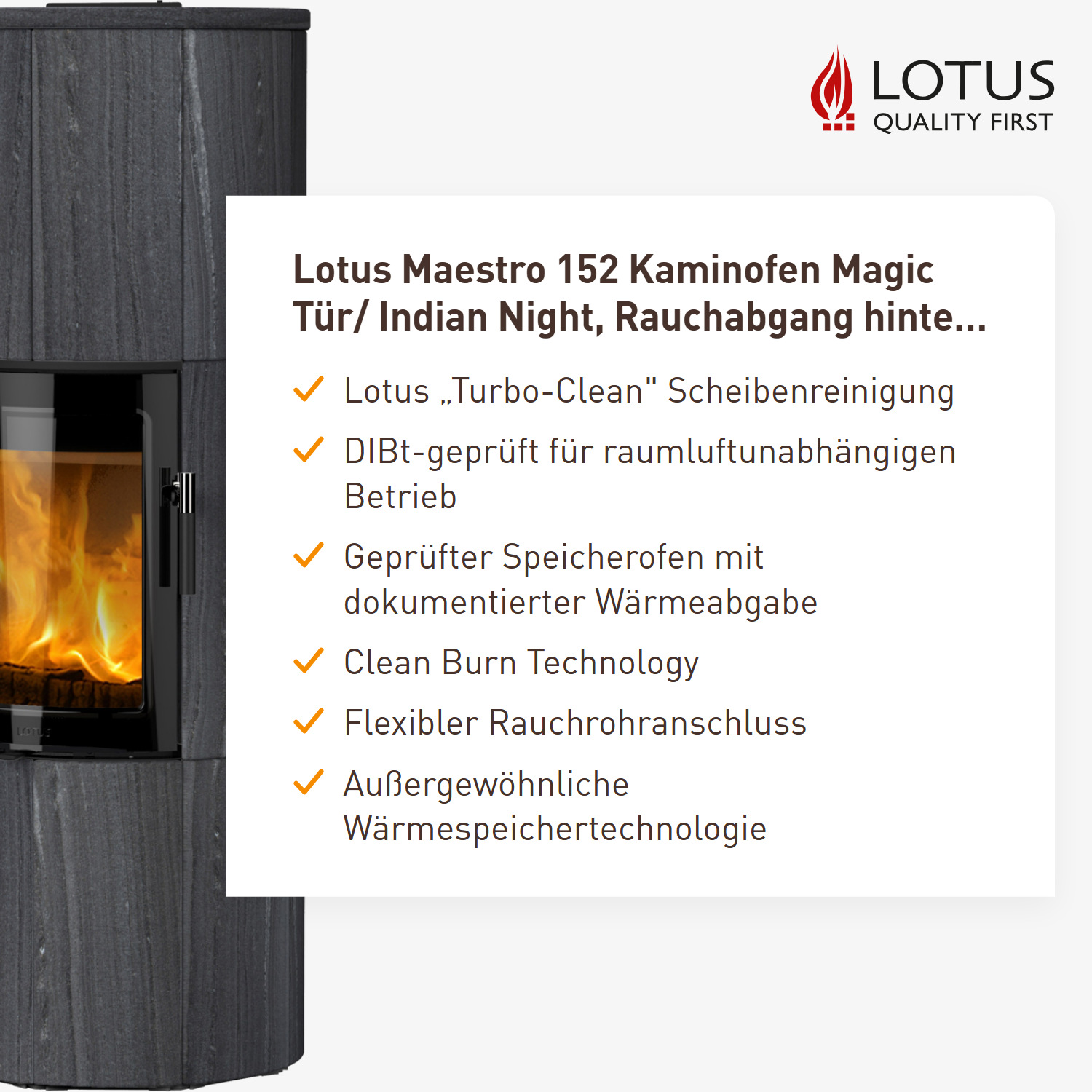 Lotus Maestro 152 Kaminofen Magic Tür/ Indian Night, Rauchabgang hinten, DIBt