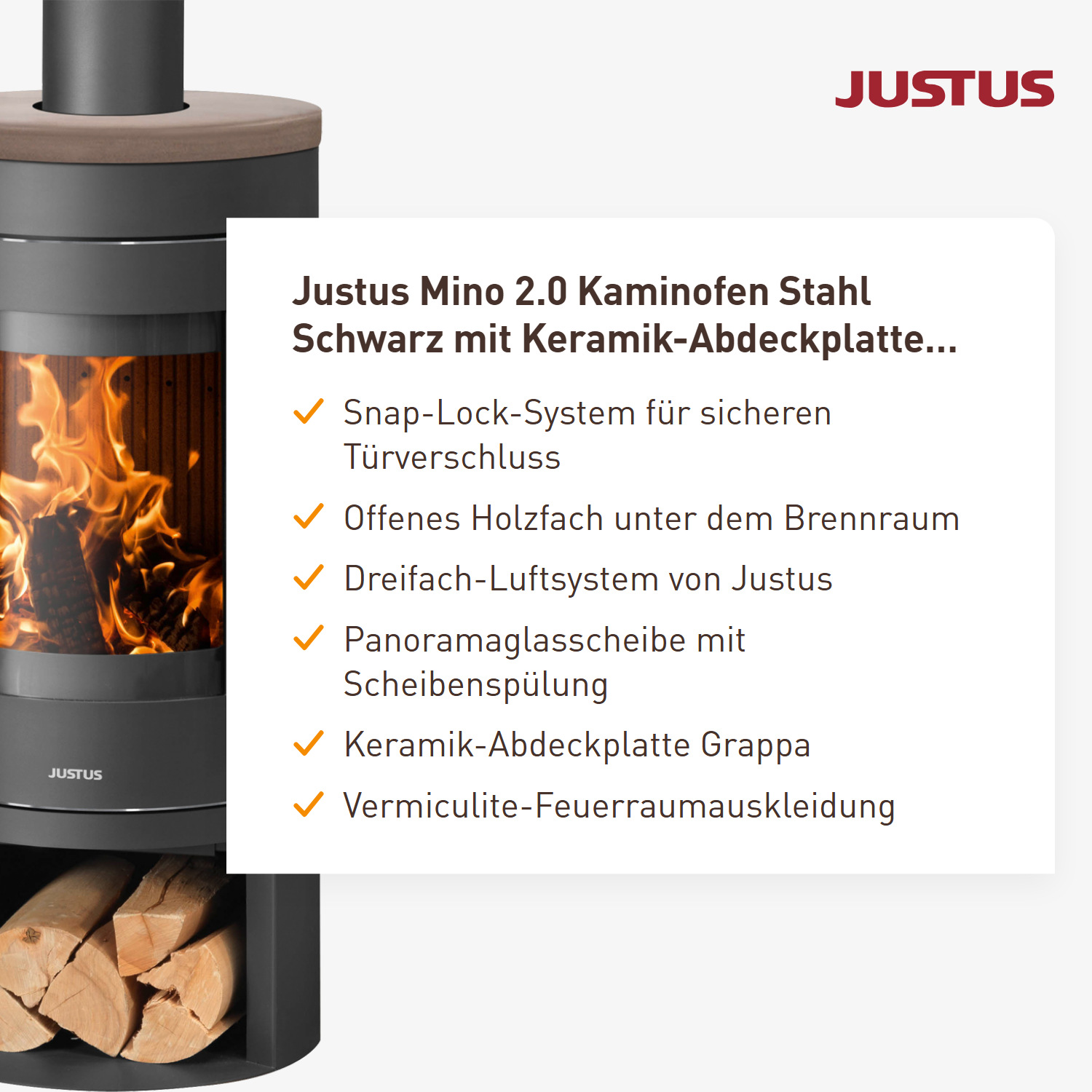 Justus Mino 2.0 Kaminofen Stahl Schwarz mit Keramik-Abdeckplatte Grappa