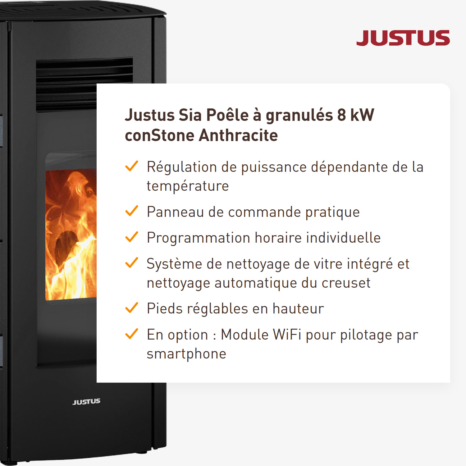 Justus Sia poêle à granulés acier noir / conStone anthracite