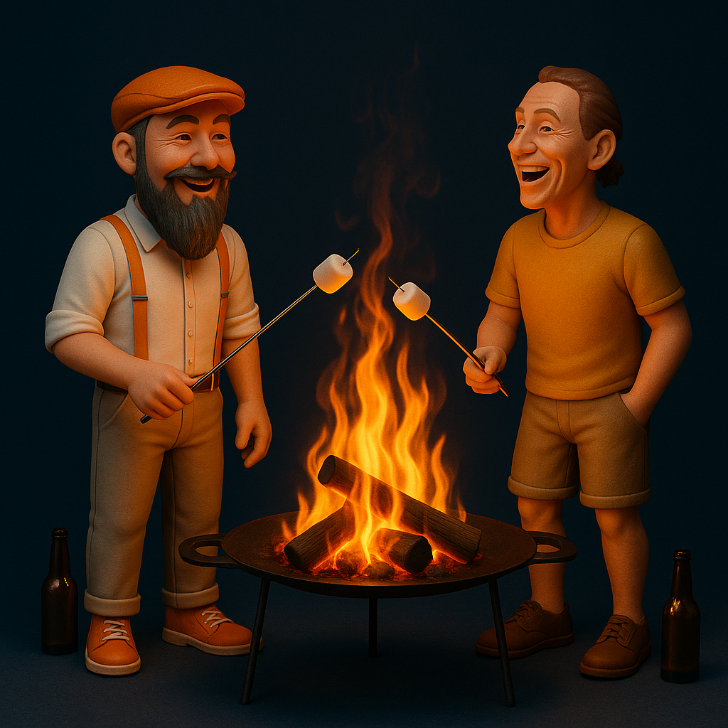 Petromax Feuerschale mit zwei Männern am Feuer, die sich freuen - im Comic-Stil