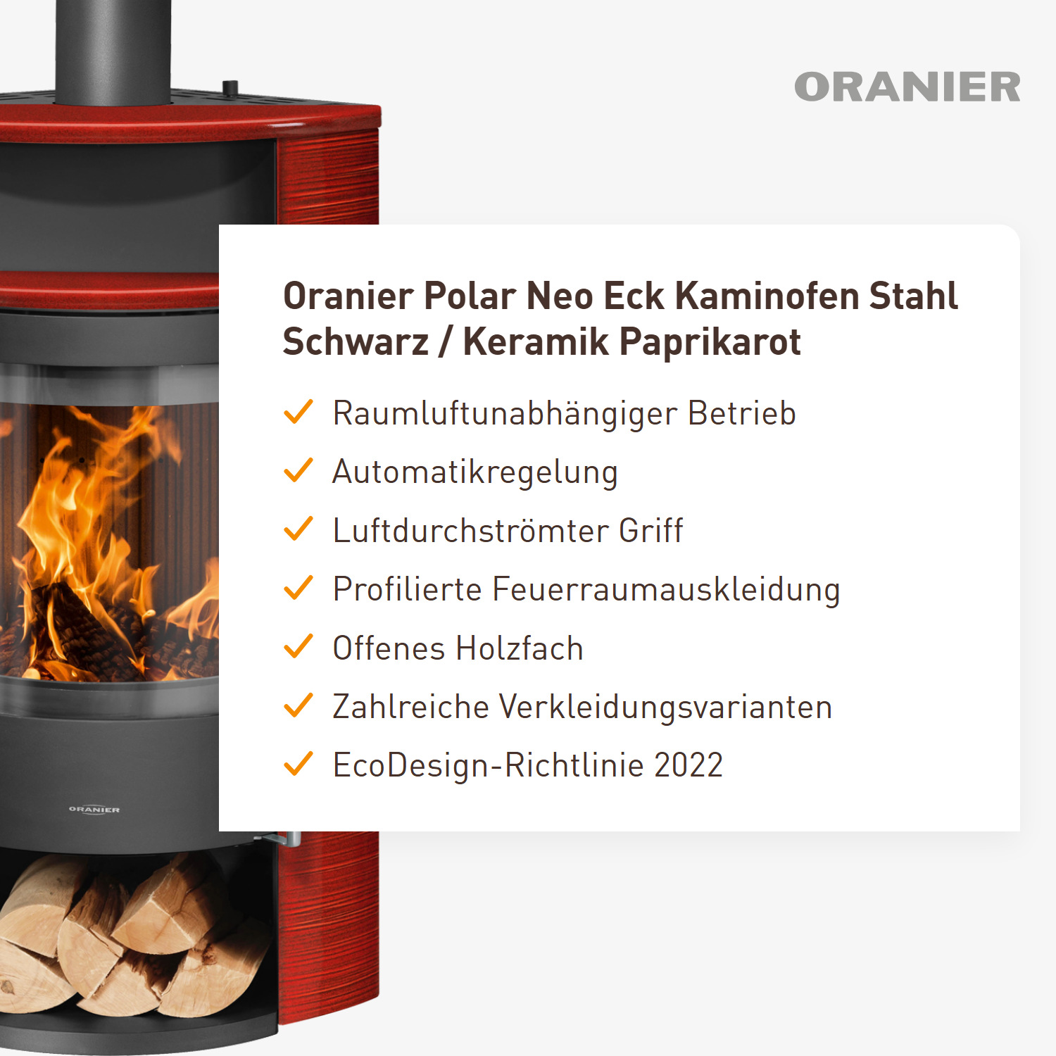 Oranier Polar Neo Eck Kaminofen Stahl Schwarz / Keramik Paprikarot