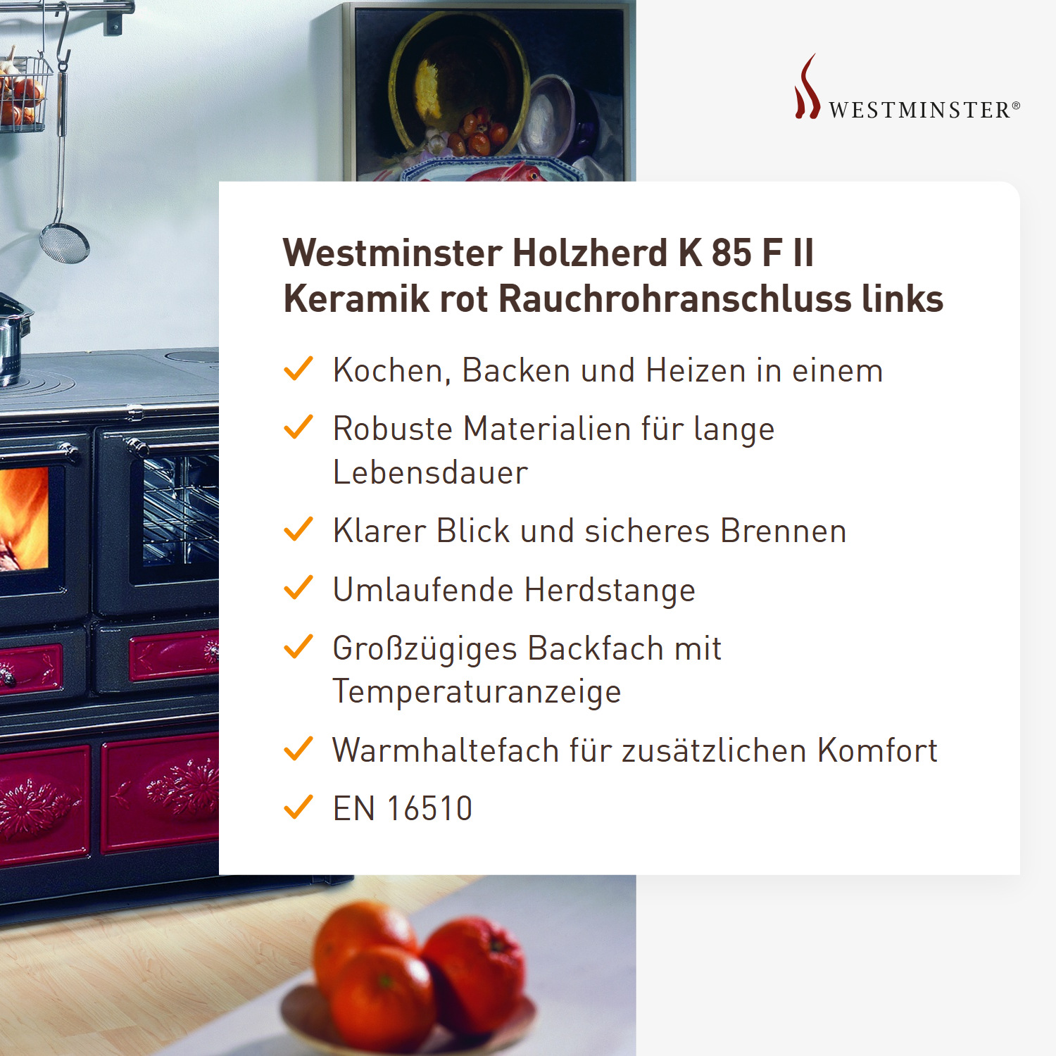 Westminster Holzherd K 85 F II Keramik rot Rauchrohranschluss links