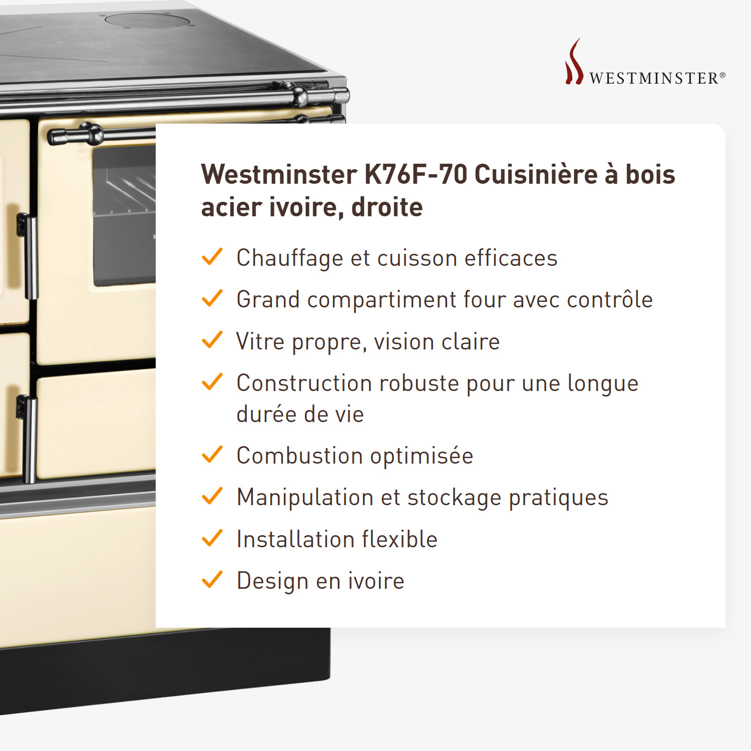 Westminster K76F-70 cuisinière à bois acier ivoire, droite