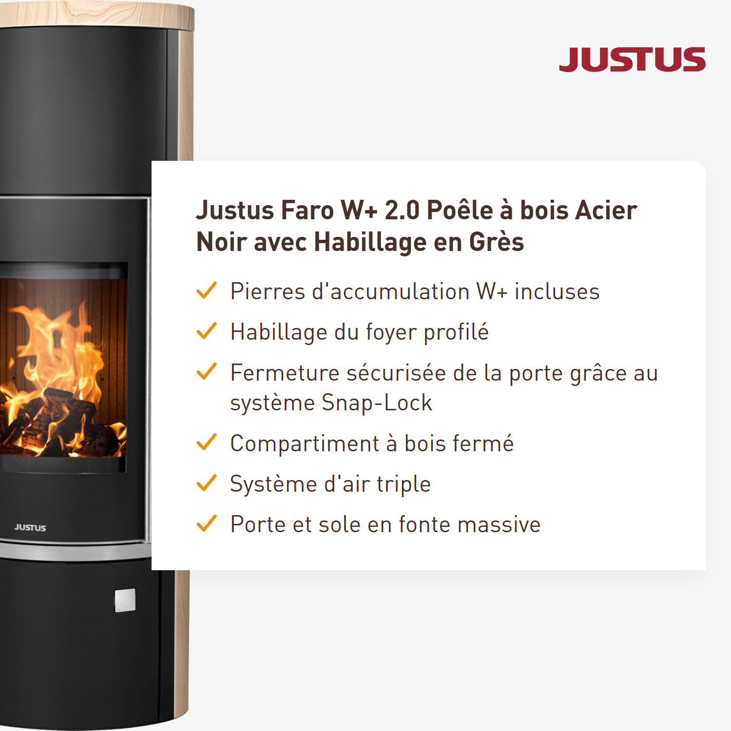 Justus Faro W+ 2.0 Poêle à bois acier noir avec habillage en grès