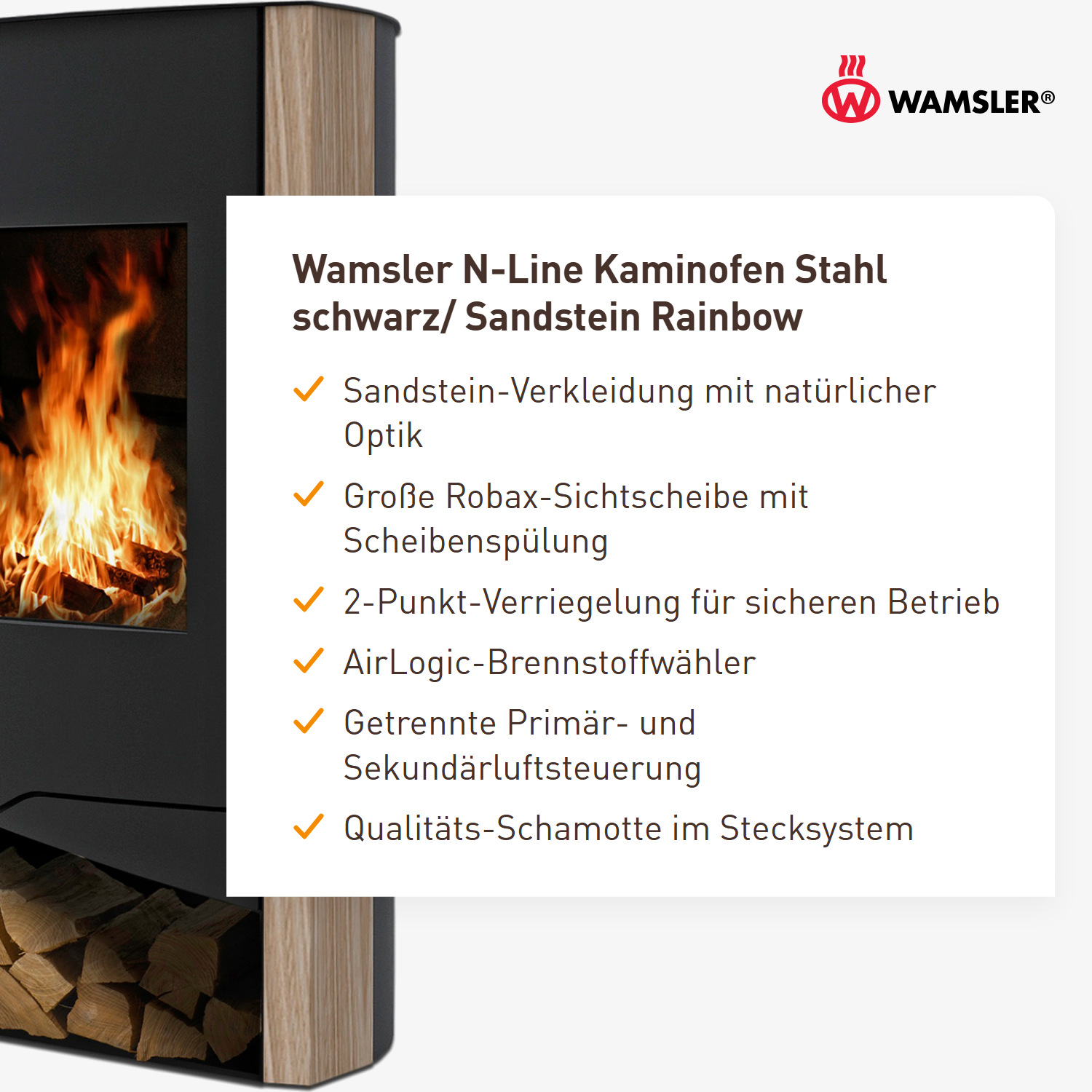 Wamsler N-Line Kaminofen Stahl schwarz/ Sandstein Rainbow