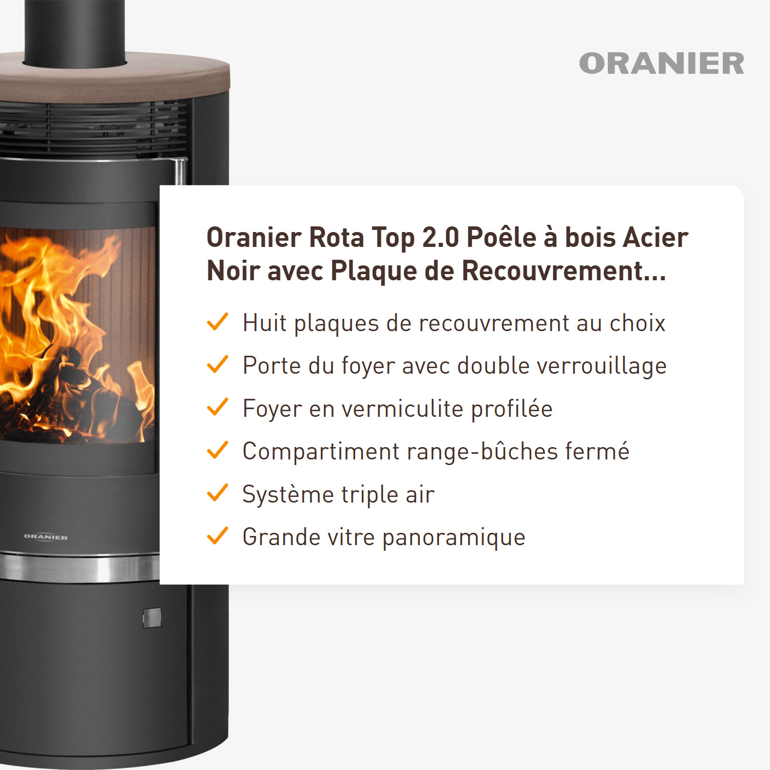 Oranier Rota Top 2.0 Poêle à bois en acier noir avec plaque de recouvrement en céramique Grappa
