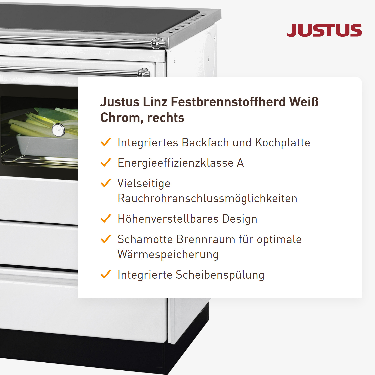 Justus Linz Festbrennstoffherd Weiß Chrom, rechts