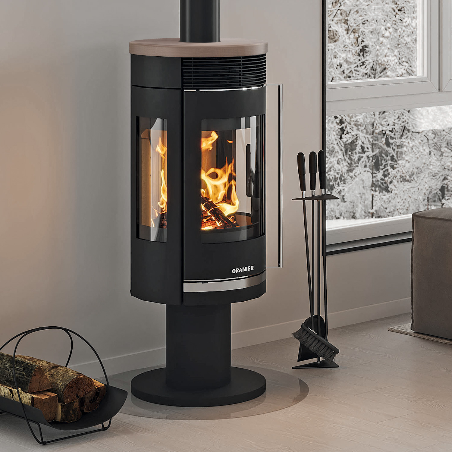 Oranier Rota Twist Kaminofen Stahl Schwarz / Topplatte Keramik Grappa