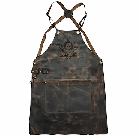 Eine robuste braune Lederschürze mit Taschen und verstellbaren Trägern
