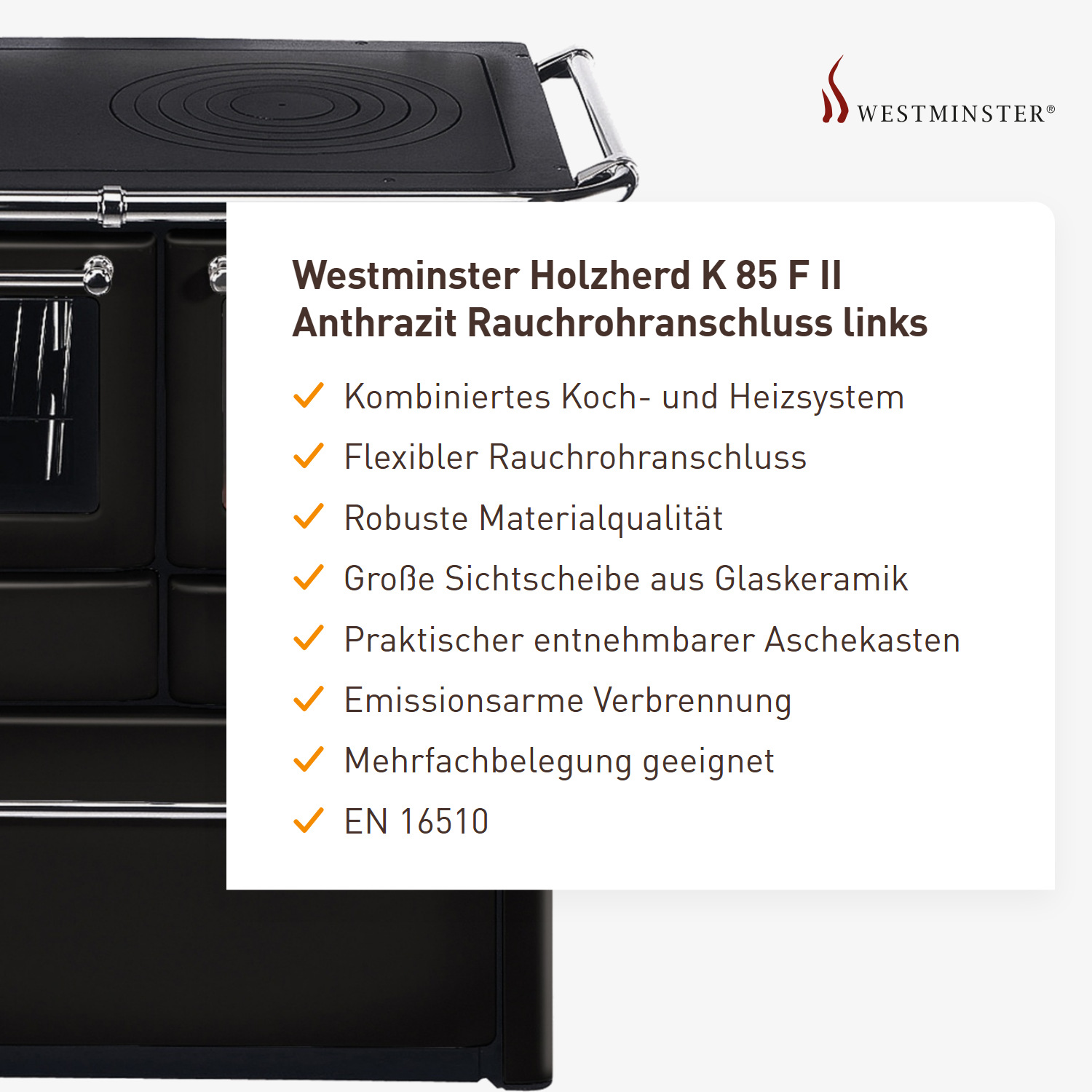 Westminster Holzherd K 85 F II Anthrazit Rauchrohranschluss links