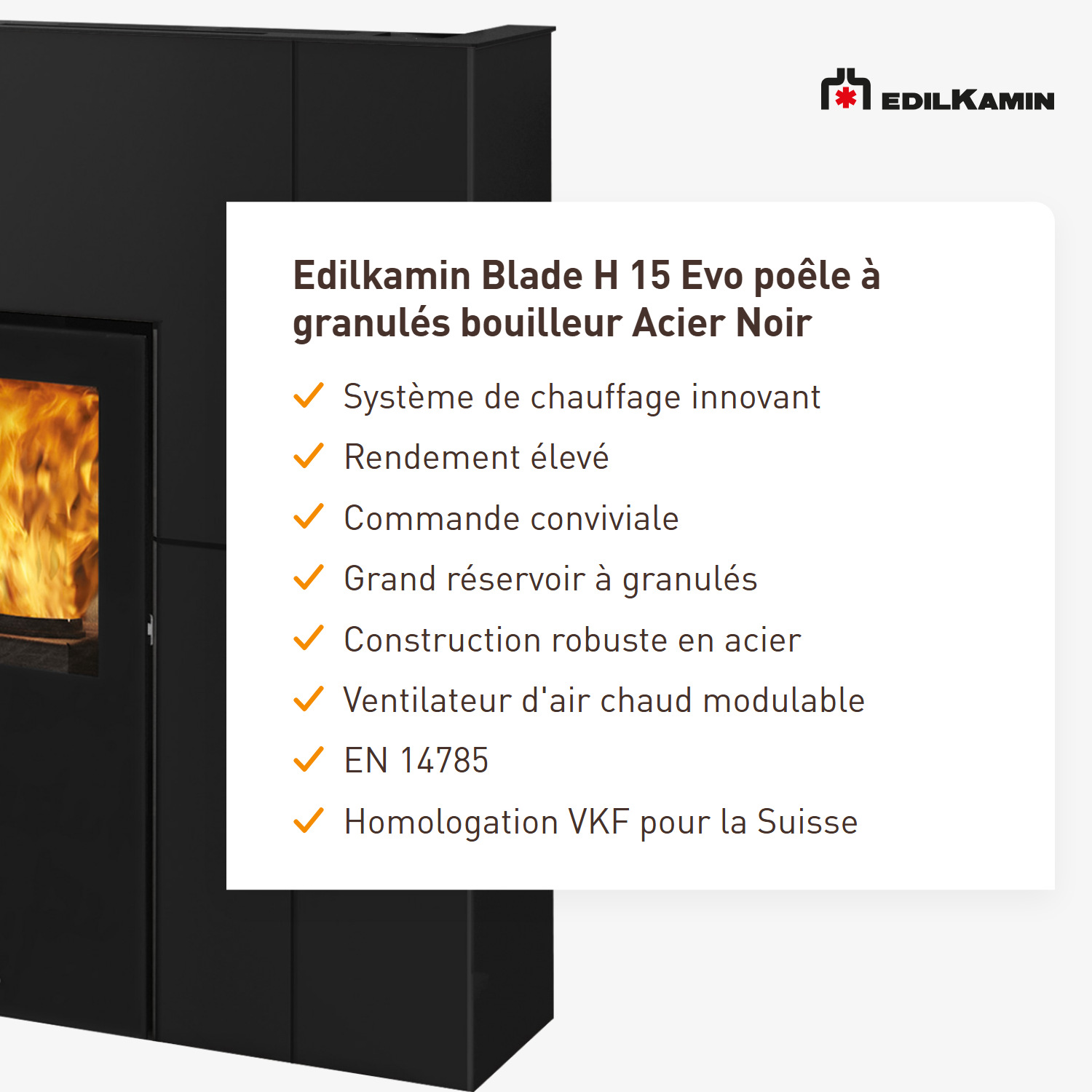 Edilkamin Blade H 15 Evo poêle à granulés bouilleur acier noir