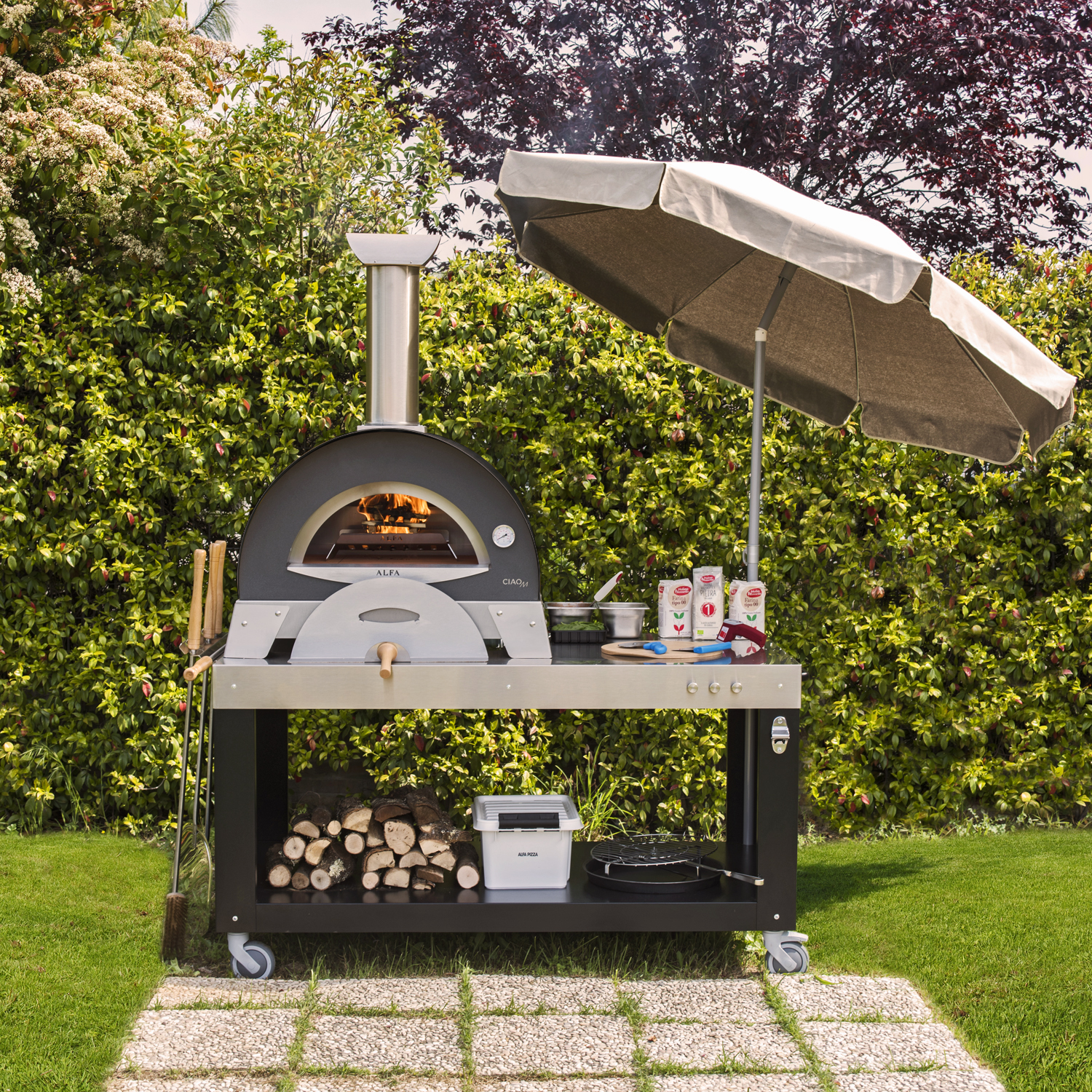Alfa Forni Pizzaofen Ciao Grau ohne Unterbau + Ventura Pizza-Set (4-tlg.) gratis