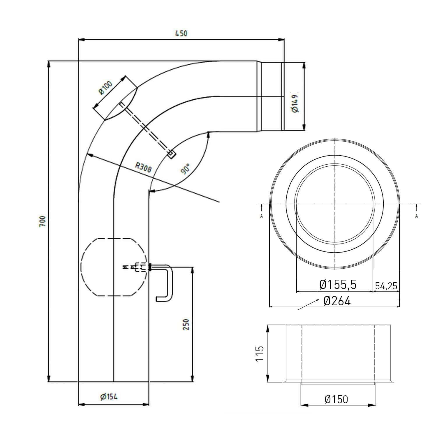 Raik Set WBG LS diamètre 150/90° 2,00mm lisse 700/450 avec porte intégrée avec modérateur de tirage noir