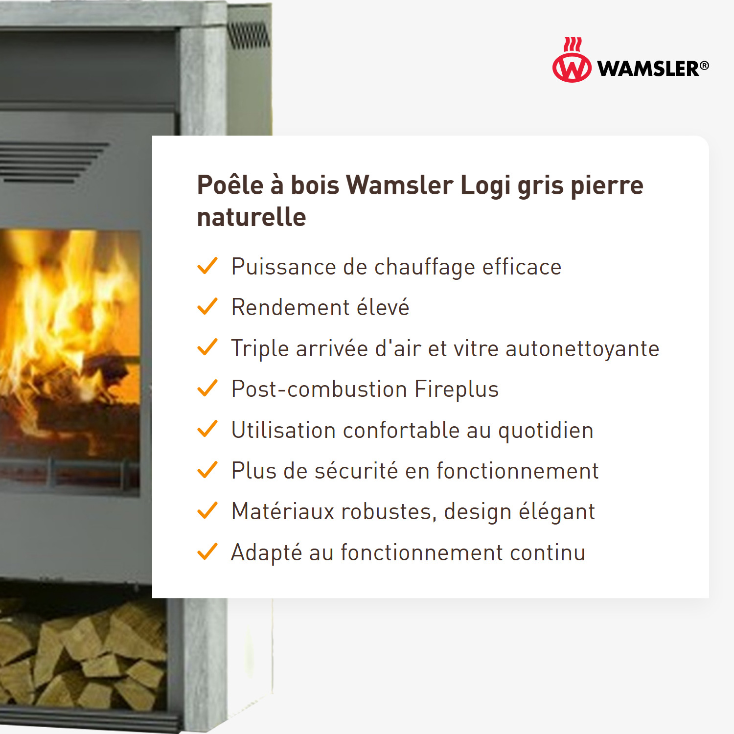 Wamsler poêle à bois « Logi » gris pierre naturelle
