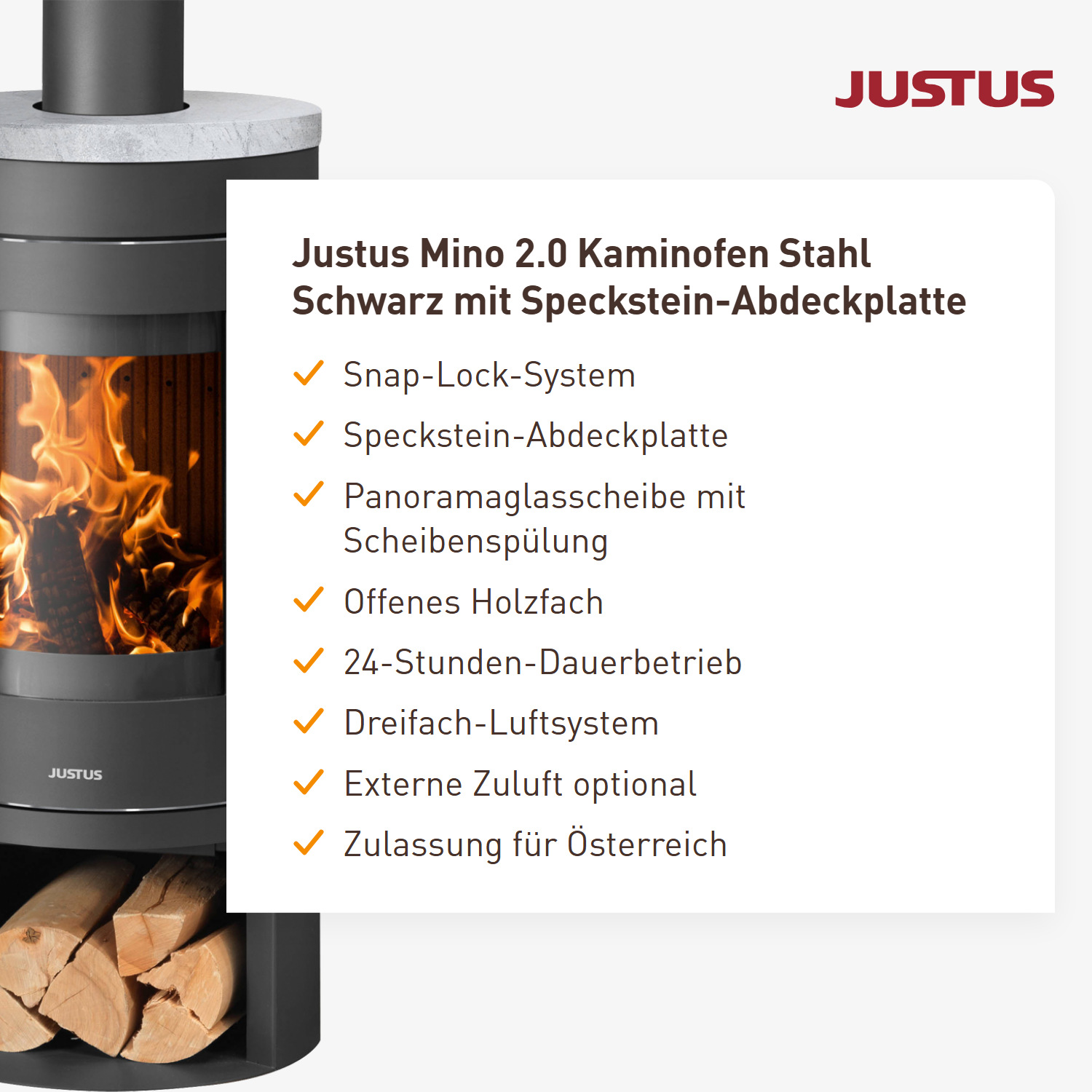 Justus Mino 2.0 Kaminofen Stahl Schwarz mit Speckstein-Abdeckplatte