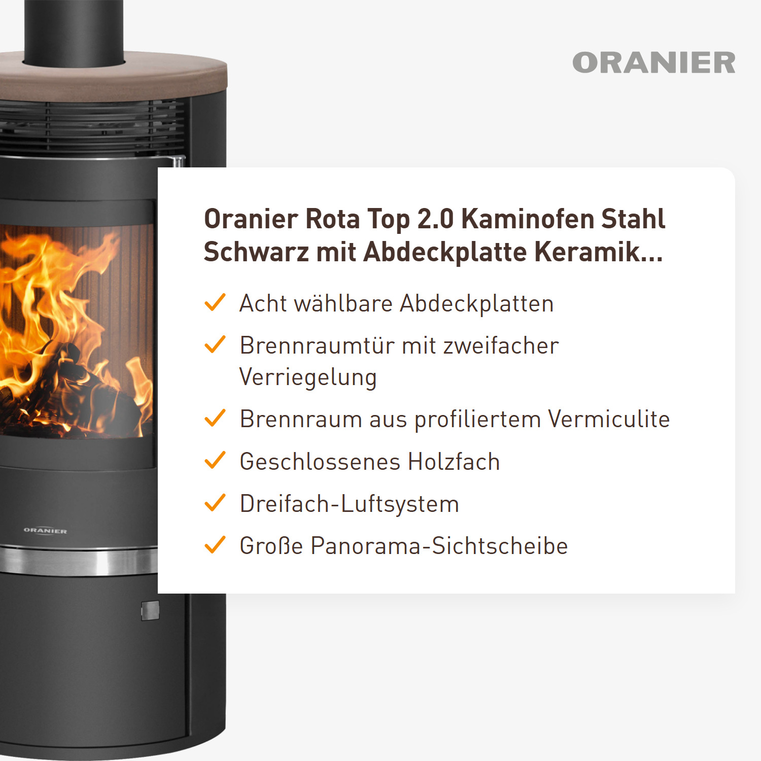 Oranier Rota Top 2.0 Kaminofen Stahl Schwarz mit Abdeckplatte Keramik Grappa