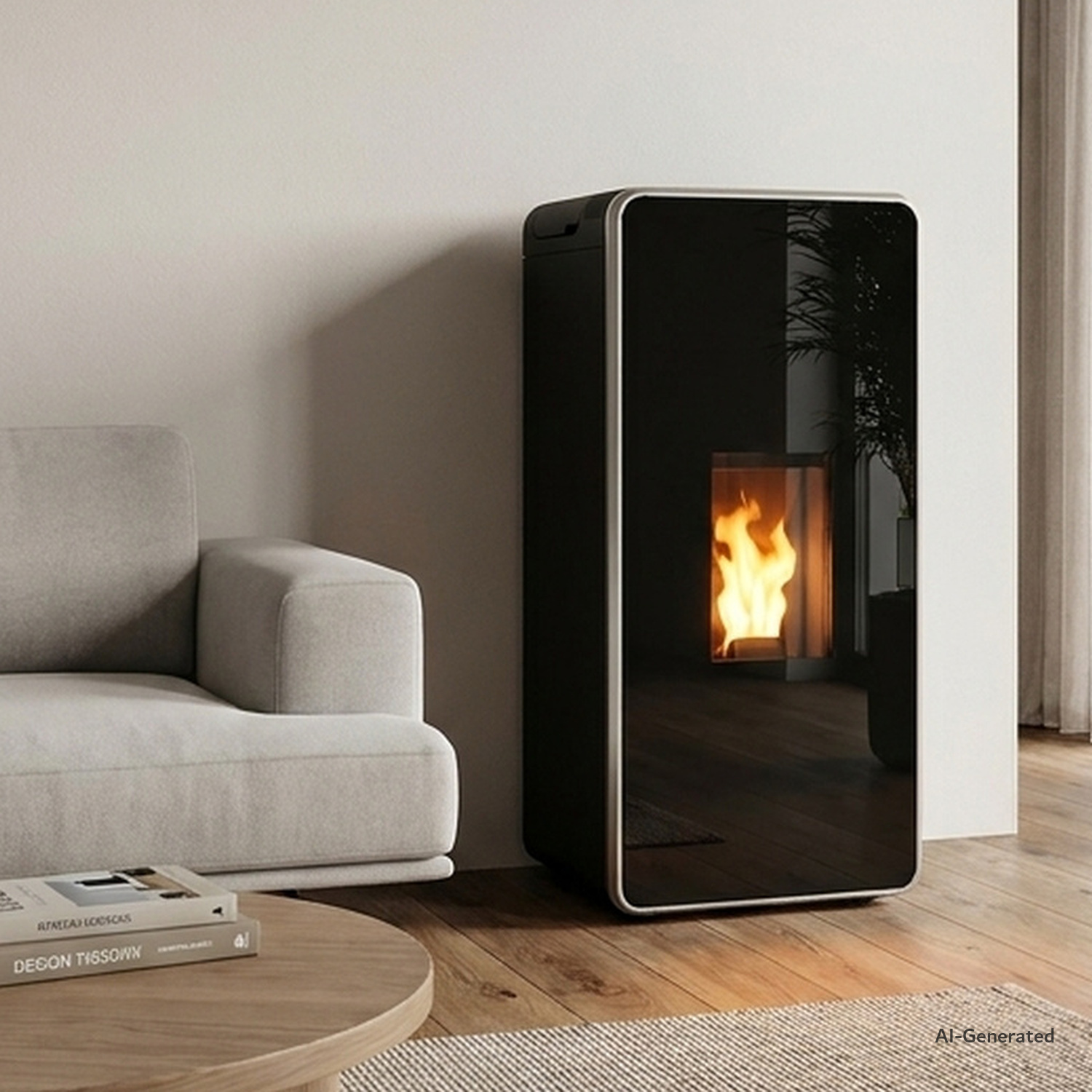 KI-generierte Darstellung: Olsberg Vesta Pelletofen Stahl/ Glas schwarz in Schwarz mit brennendem Feuer in einem Wohnzimmer mit Sofa und Holzboden