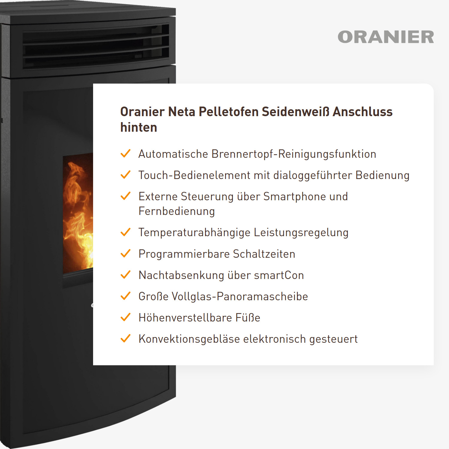 Oranier Neta Pelletofen Seidenweiß Anschluss hinten