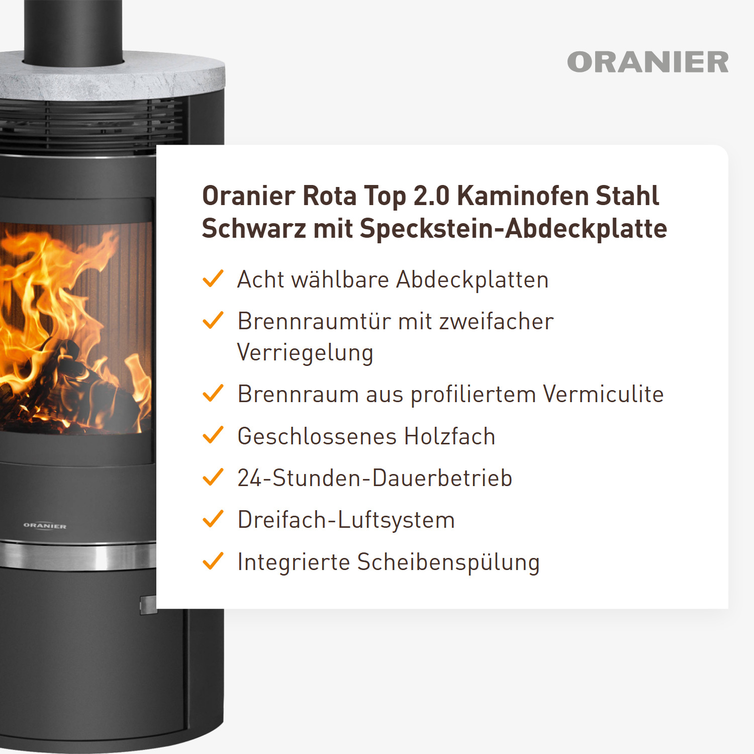 Oranier Rota Top 2.0 Kaminofen Stahl Schwarz mit Speckstein-Abdeckplatte