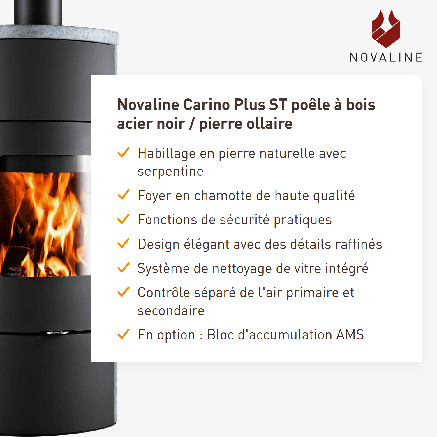 Novaline Carino Plus ST Poêle à bois Acier Noir / Pierre ollaire
