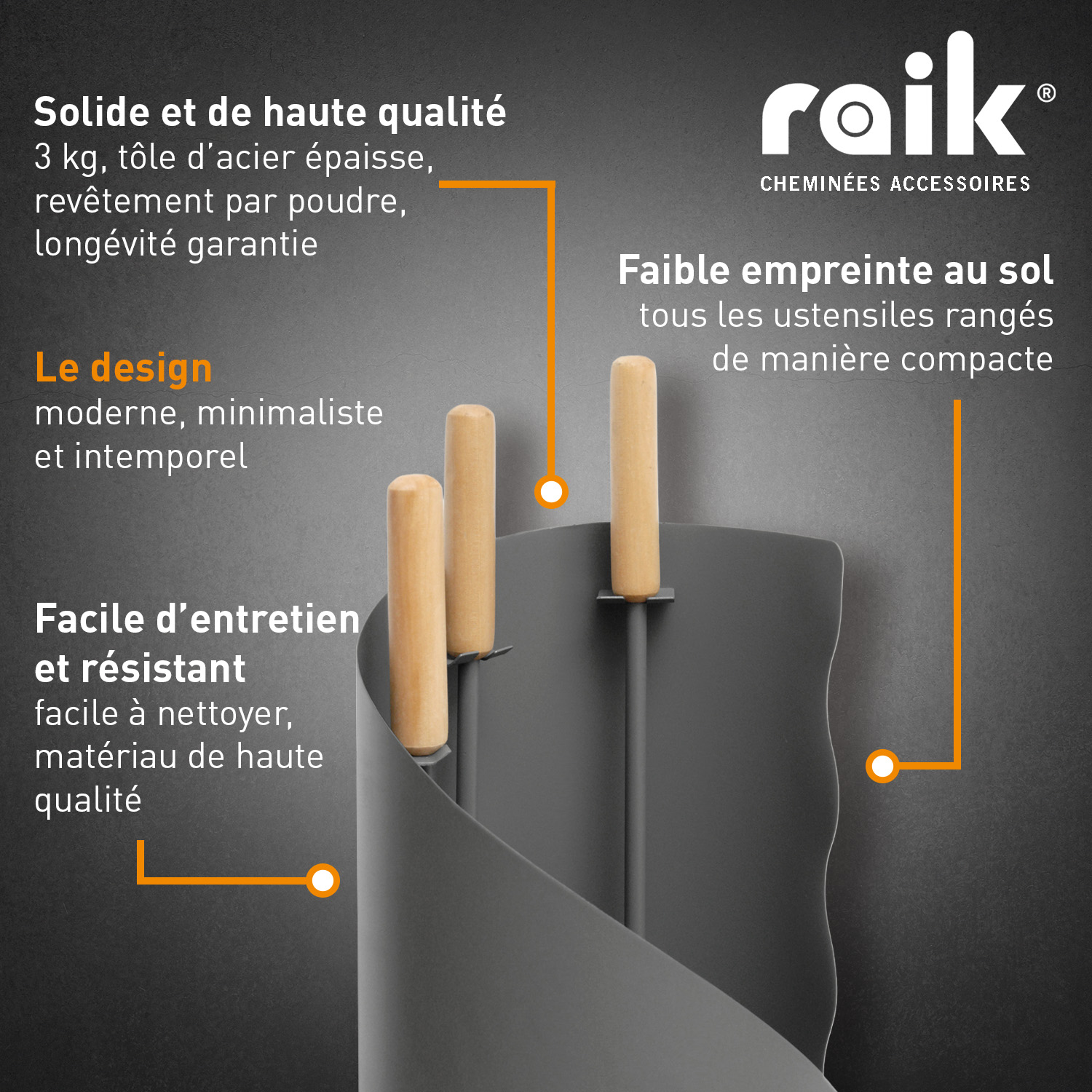 Raik Ensemble d'outils de cheminée Otto, 3 pièces, gris, poignées en bois, 64 cm.