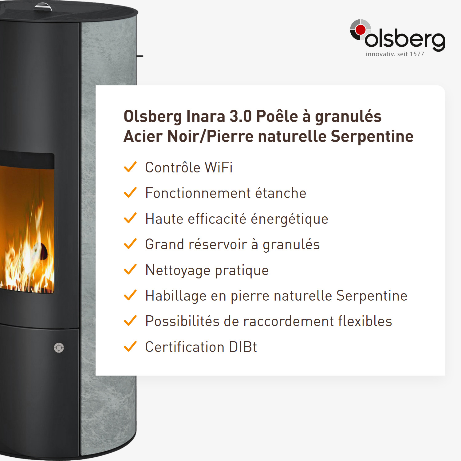 Olsberg Inara 3.0 poêle à granulés acier noir/pierre naturelle serpentine