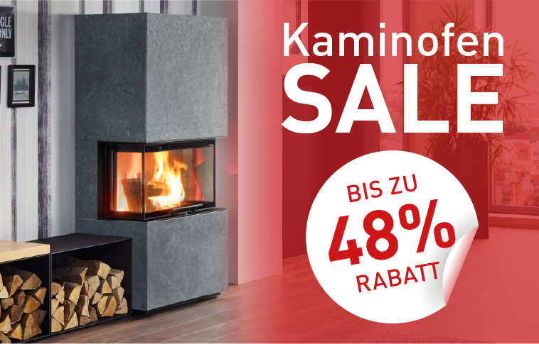 Kaminofen mit einem Rabatt Sticker, wodrauf steht 48% Rabatt