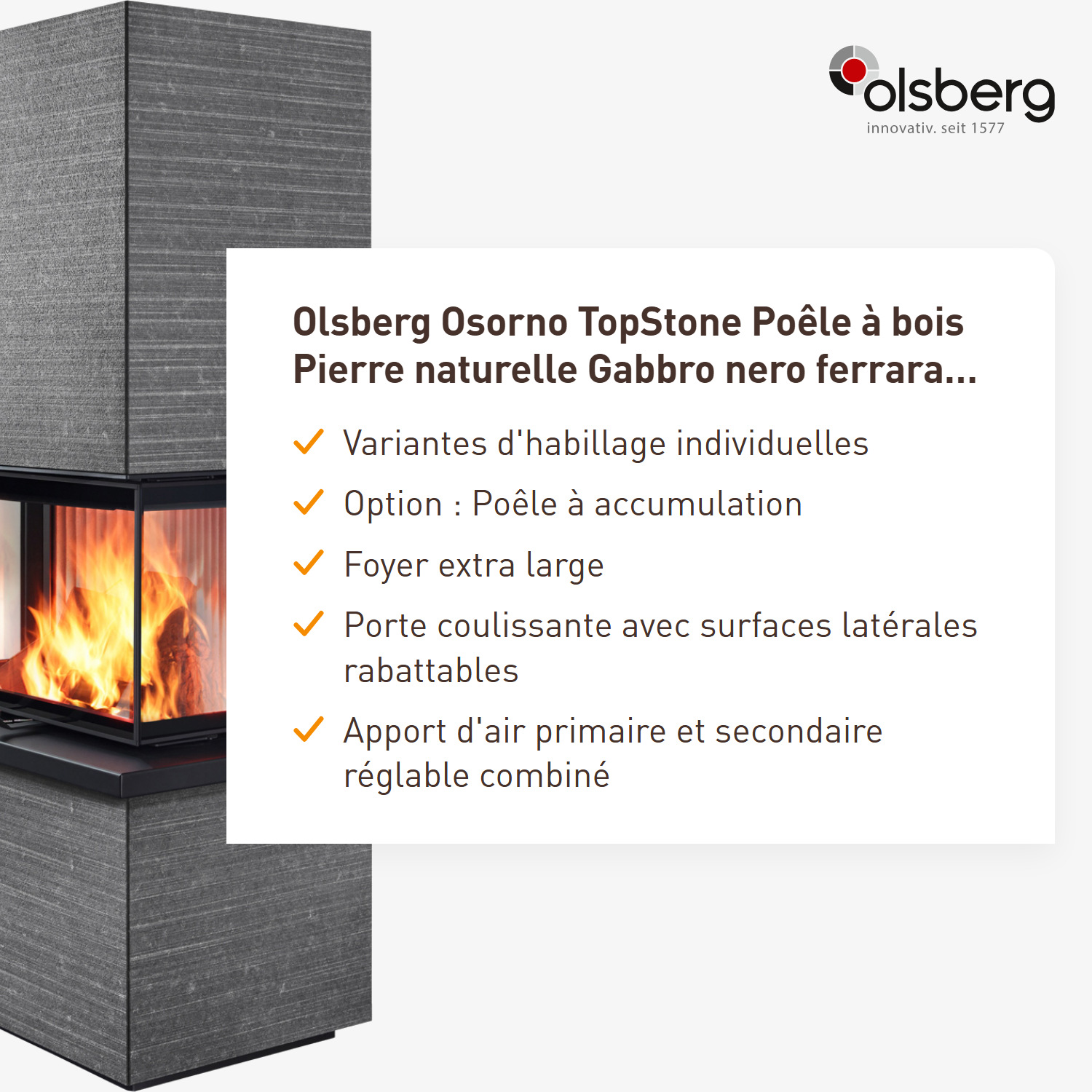 Olsberg Osorno TopStone Poêle à bois Pierre naturelle Gabbro nero ferrara linea-retta